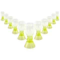 Set of Eleven 18th Century Dutch Wine Glasses "Roemers" Yellow / Green Feet