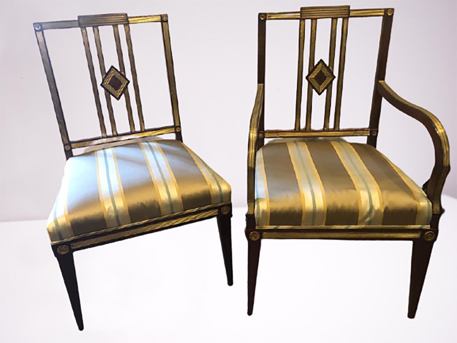 One of a kind set of eleven Russian neoclassical dining chairs. One arm and ten sides comprise this fantastic set of dining chairs.

This set is one of a part of the recently acquired pieces from the private collection of a NYC collector. A forty