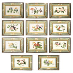Antique Set Of Eleven Chinese Watercolors On Rice Paper With Eglomise Frames