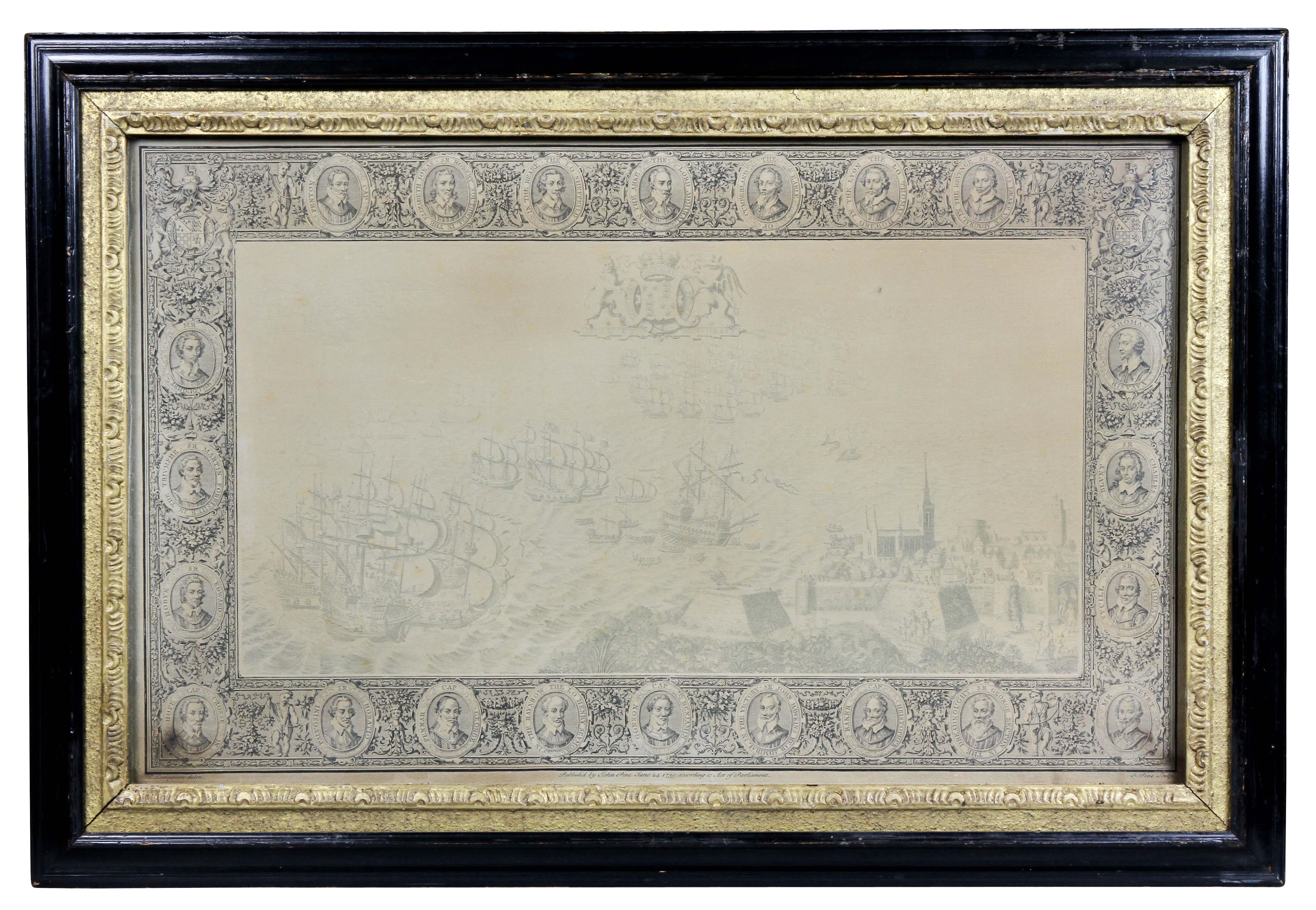 By John Pine considered the foremost heraldic and decorative engraver of his generation. Depicting the defeat of the Spanish by the English Fleet in 1588. These are after a set of tapestries that hung in the House of Commons for almost 200 years.