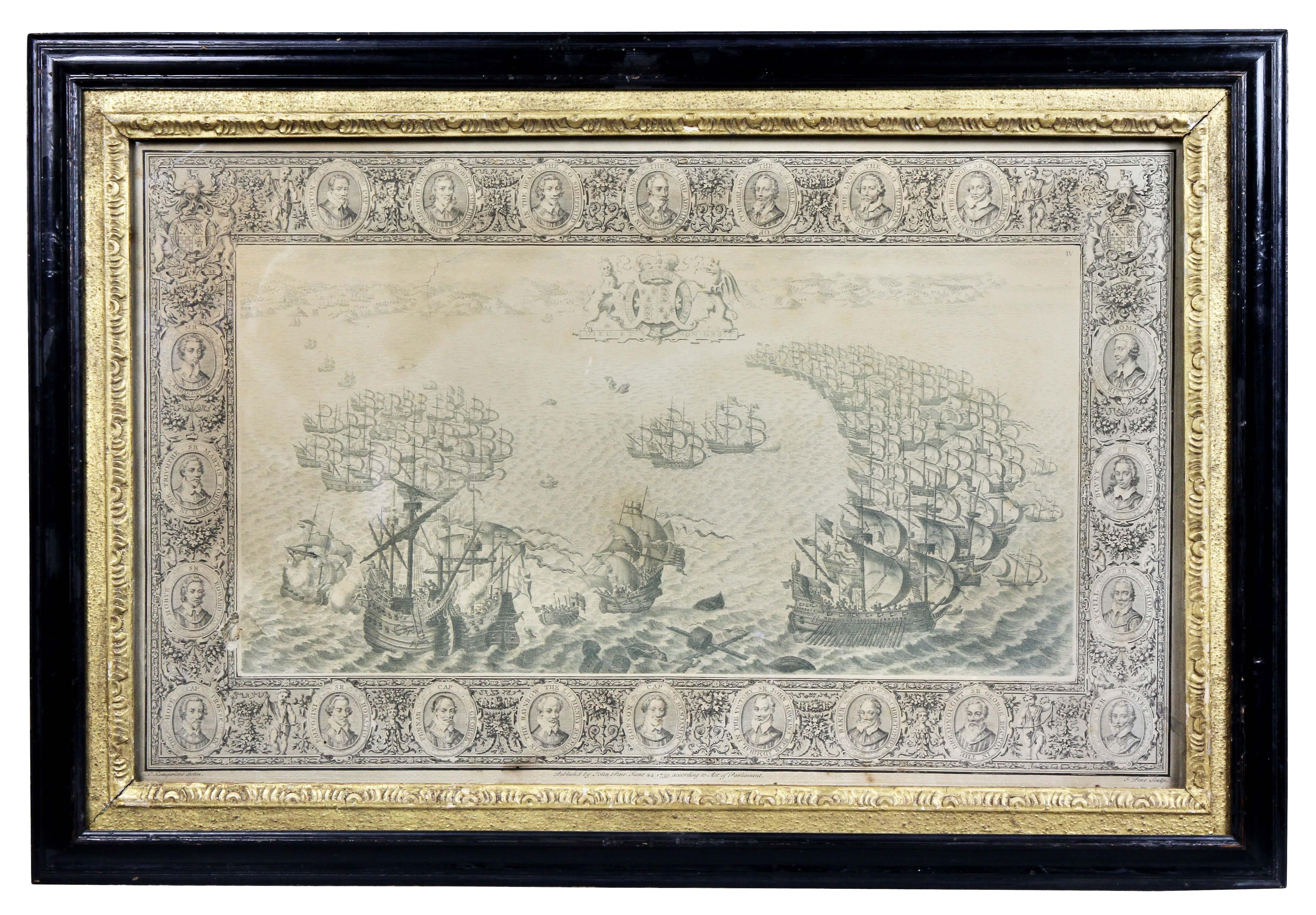 Ebonized Set of Eleven Colored Engravings of the Defeat of the Spanish Armada For Sale