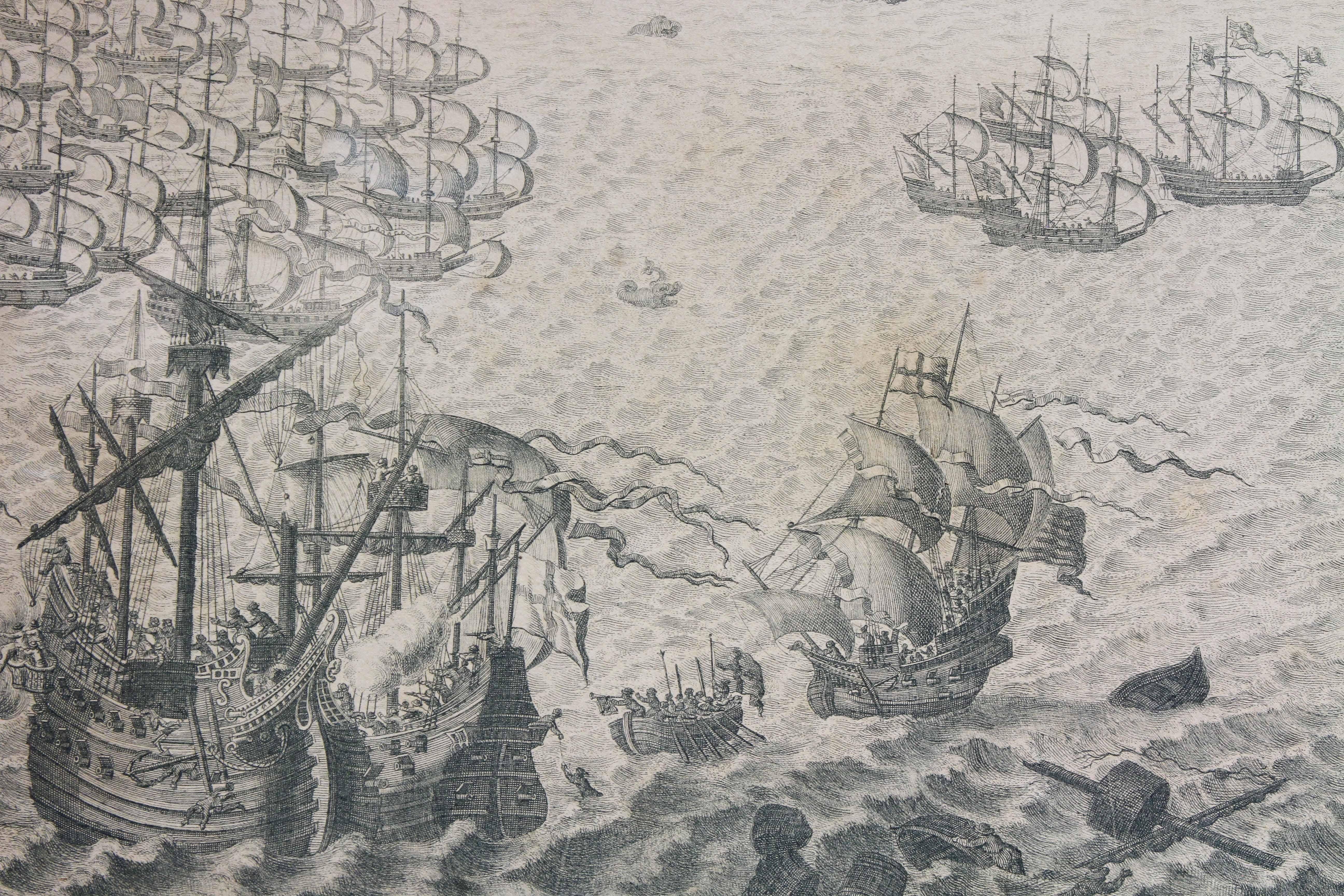 Set of Eleven Colored Engravings of the Defeat of the Spanish Armada In Distressed Condition For Sale In Essex, MA