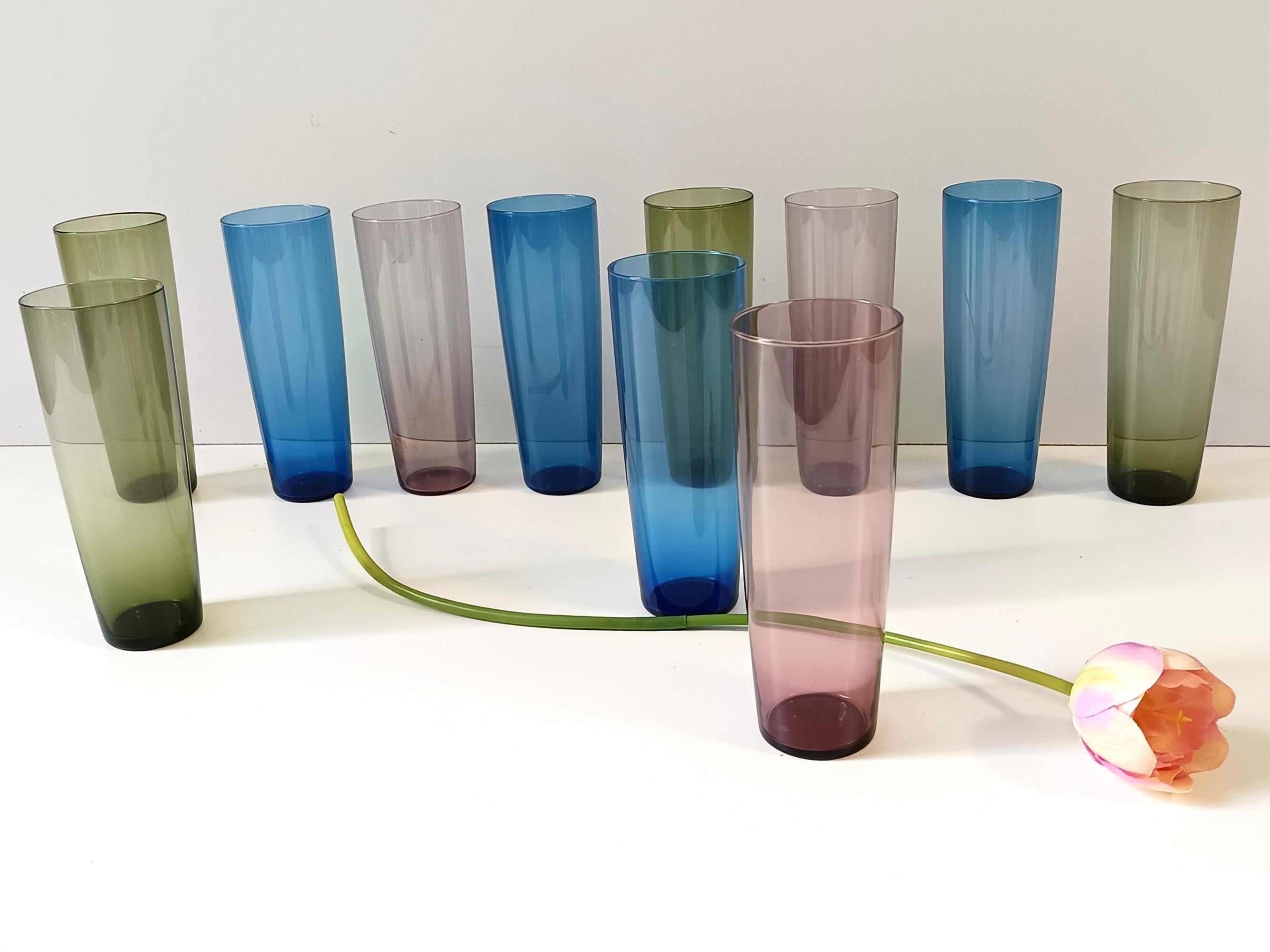 Made in Finland, 1960s. 
These 11 drinking glasses are made in glass. 
It is a vintage set, therefore it might show slight traces of use, but it can be considered as in excellent original condition and ready to become a piece in a home.
One of the