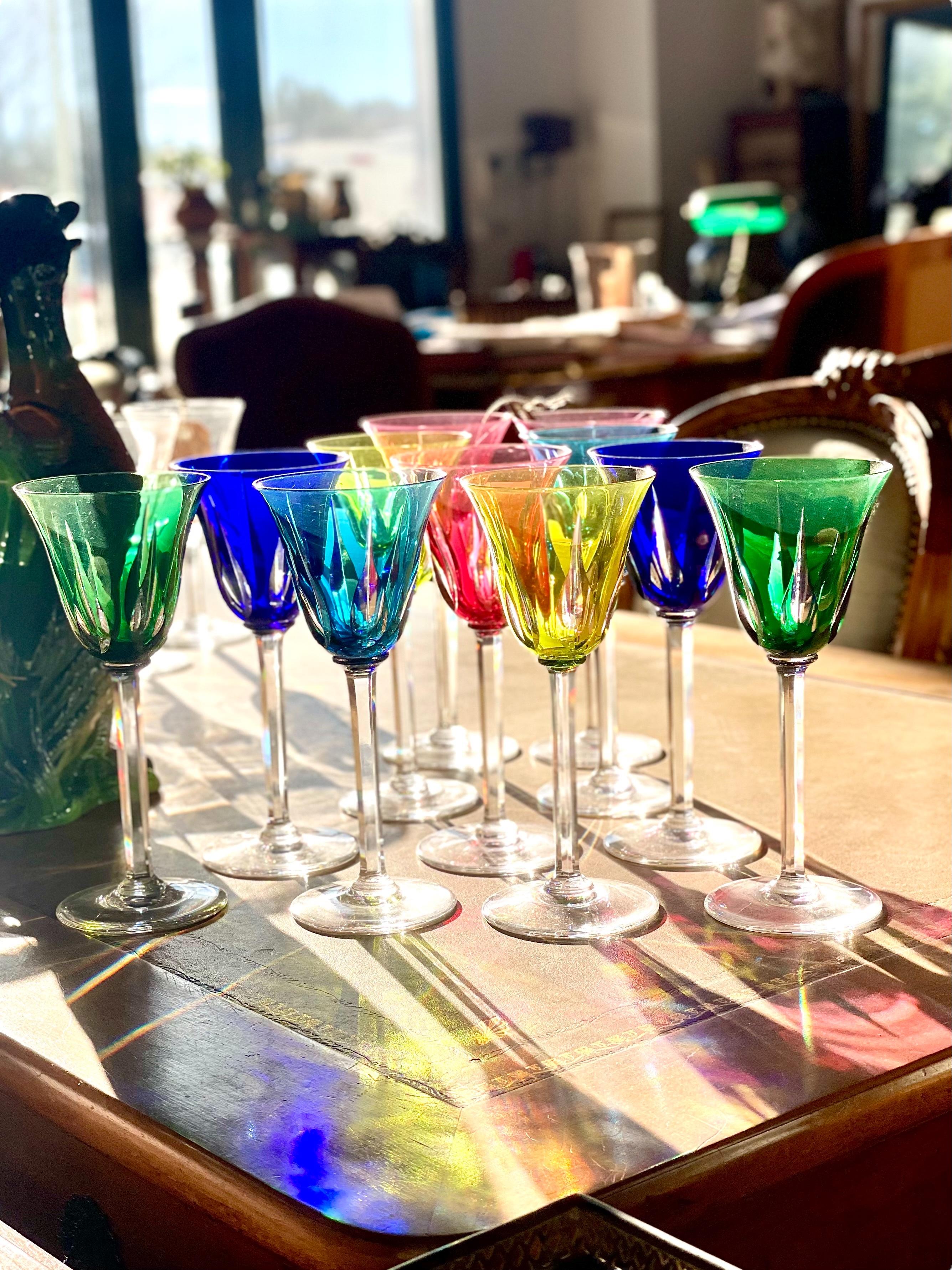 Saint Louis Set of Eleven Colourful Crystal Glasses  For Sale 1
