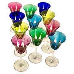 Set of Eleven Colourful Saint Louis Crystal Roemer or Wine Glasses