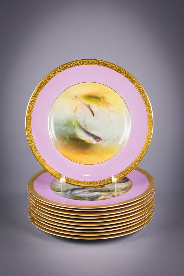 Set of Eleven English Porcelain Fish Plates, Royal Worcester, circa