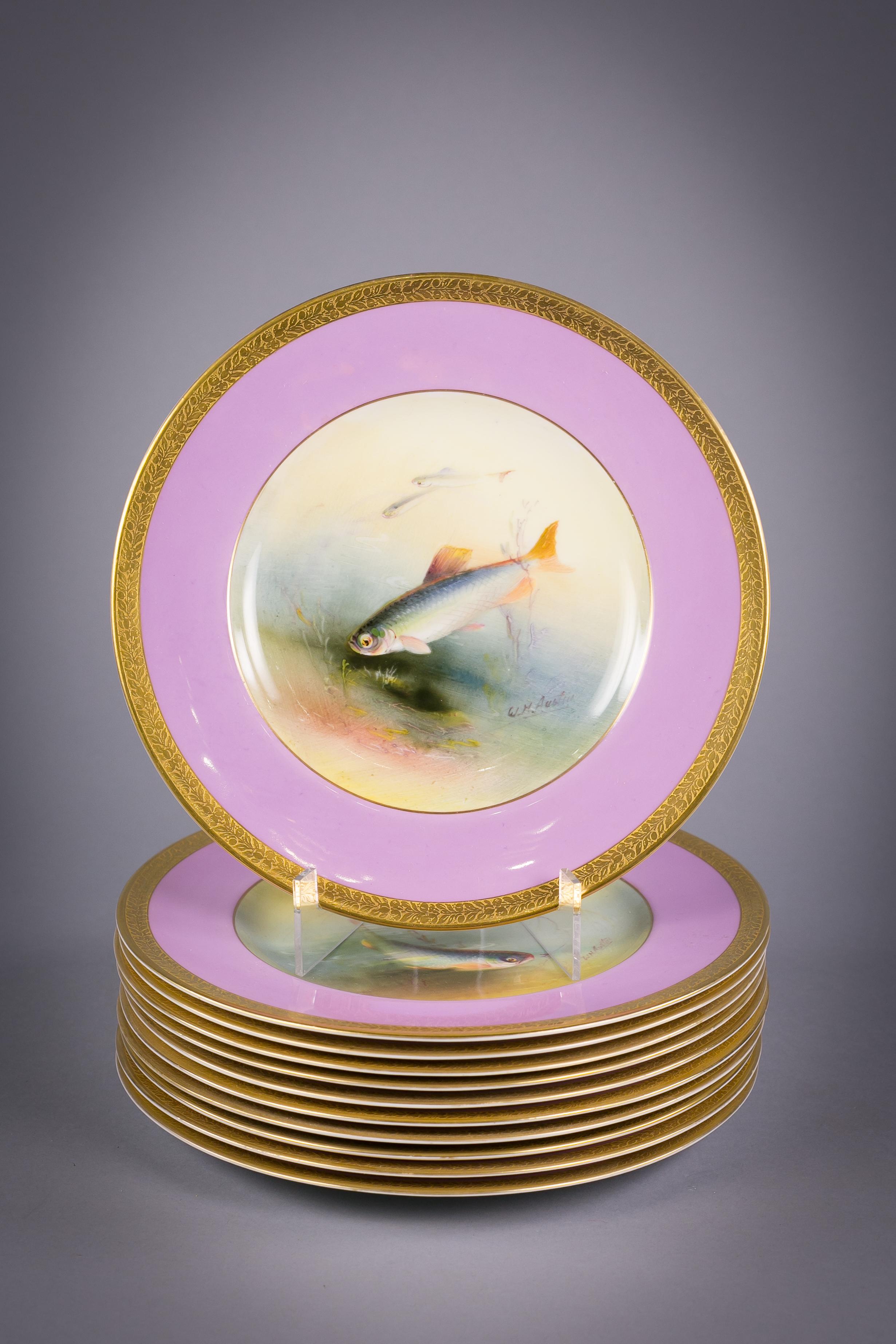 British Set of Eleven English Porcelain Fish Plates, Royal Worcester, circa 1890