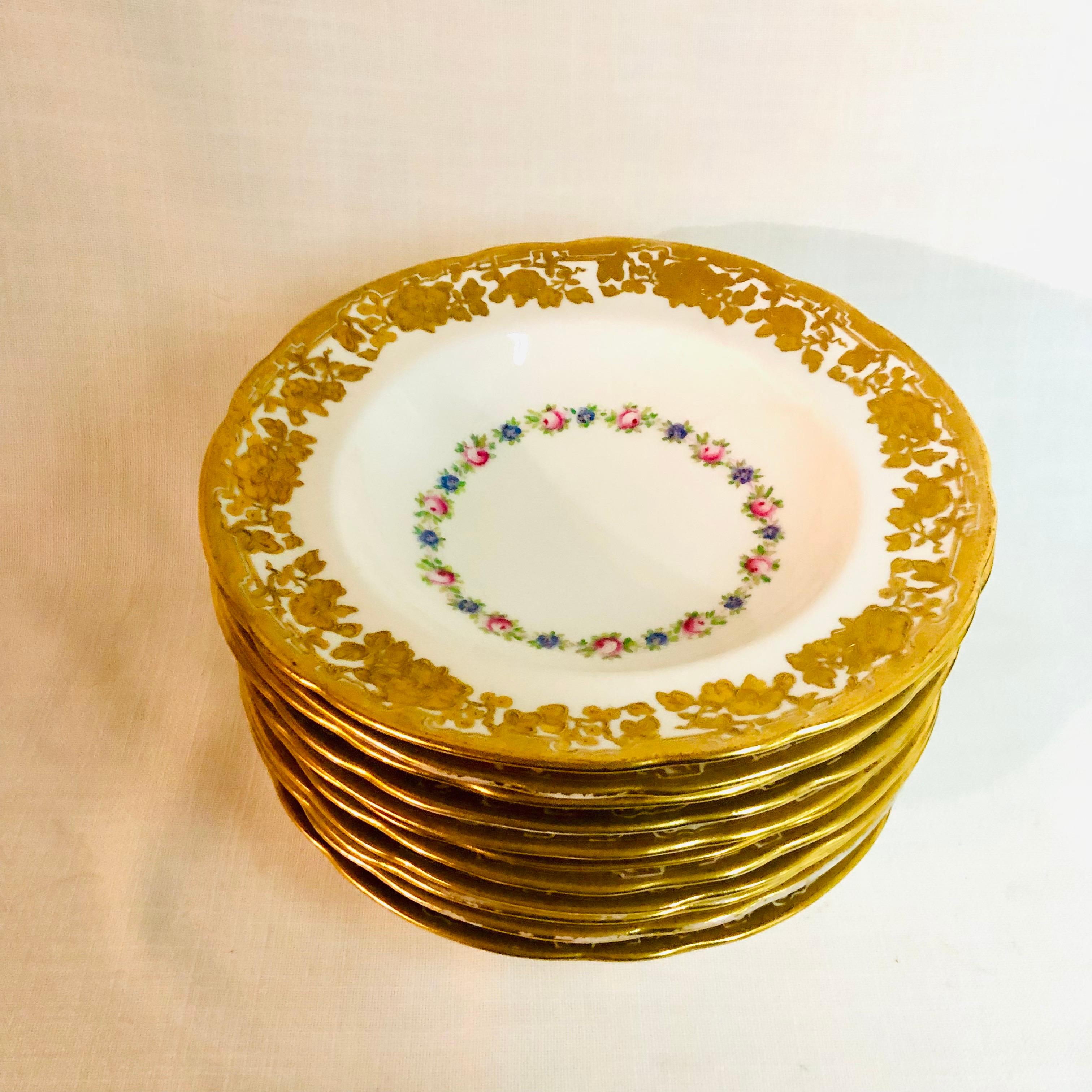 Rococo Set of Eleven Hammersley & Co. Wide Rim Soups with Raised Gilded Flowers on Rim For Sale