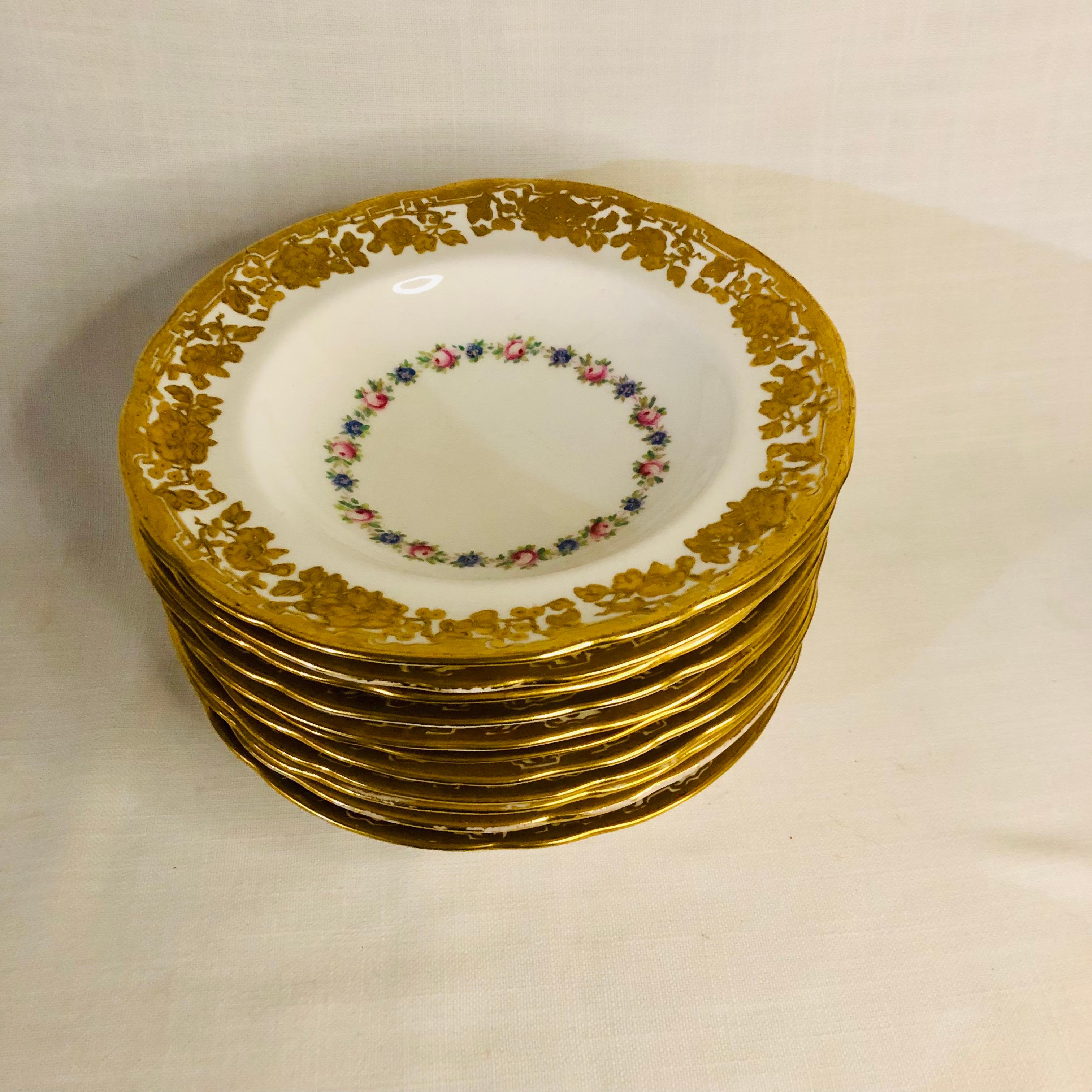 English Set of Eleven Hammersley & Co. Wide Rim Soups with Raised Gilded Flowers on Rim For Sale