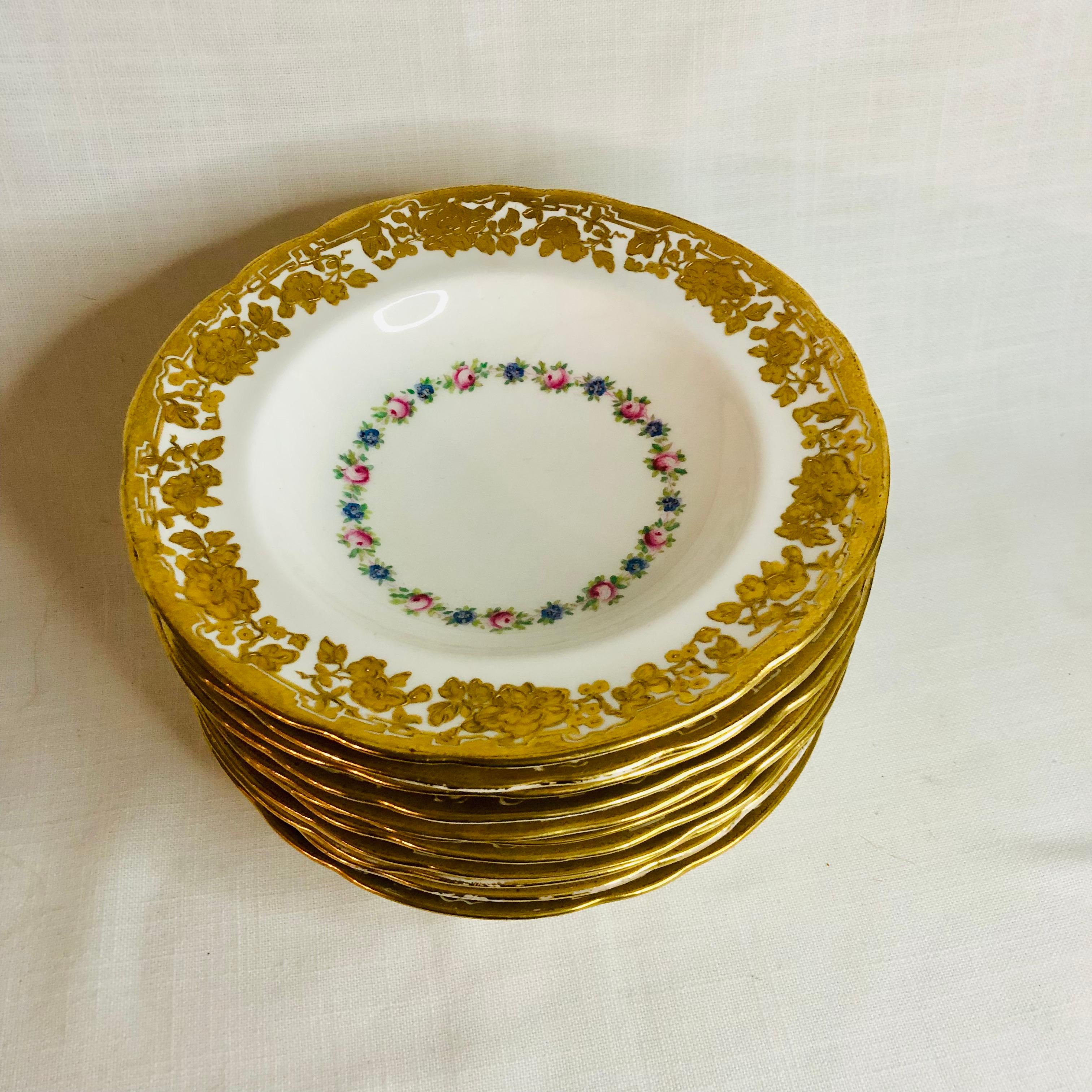 Gilt Set of Eleven Hammersley & Co. Wide Rim Soups with Raised Gilded Flowers on Rim For Sale