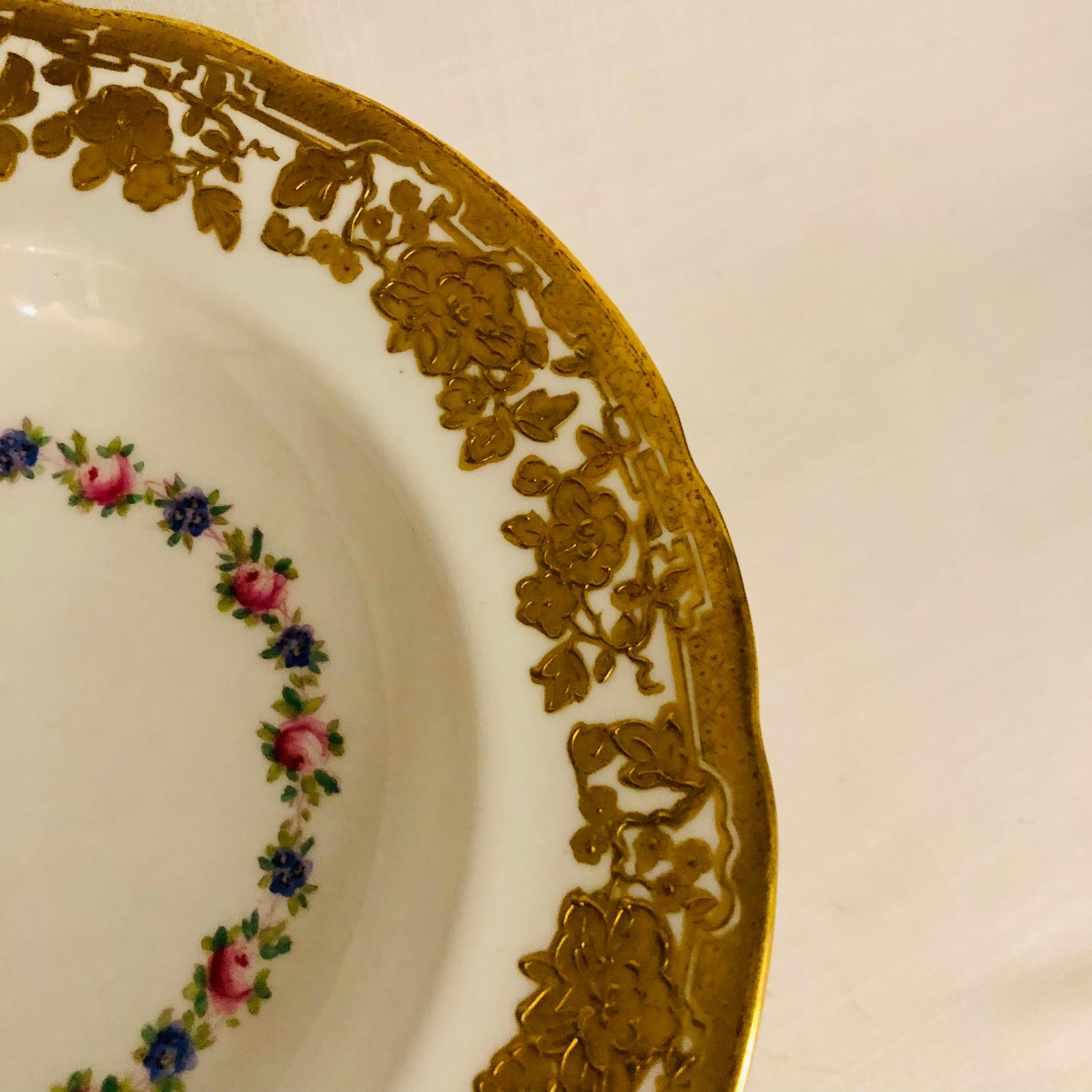 Set of Eleven Hammersley & Co. Wide Rim Soups with Raised Gilded Flowers on Rim In Good Condition For Sale In Boston, MA