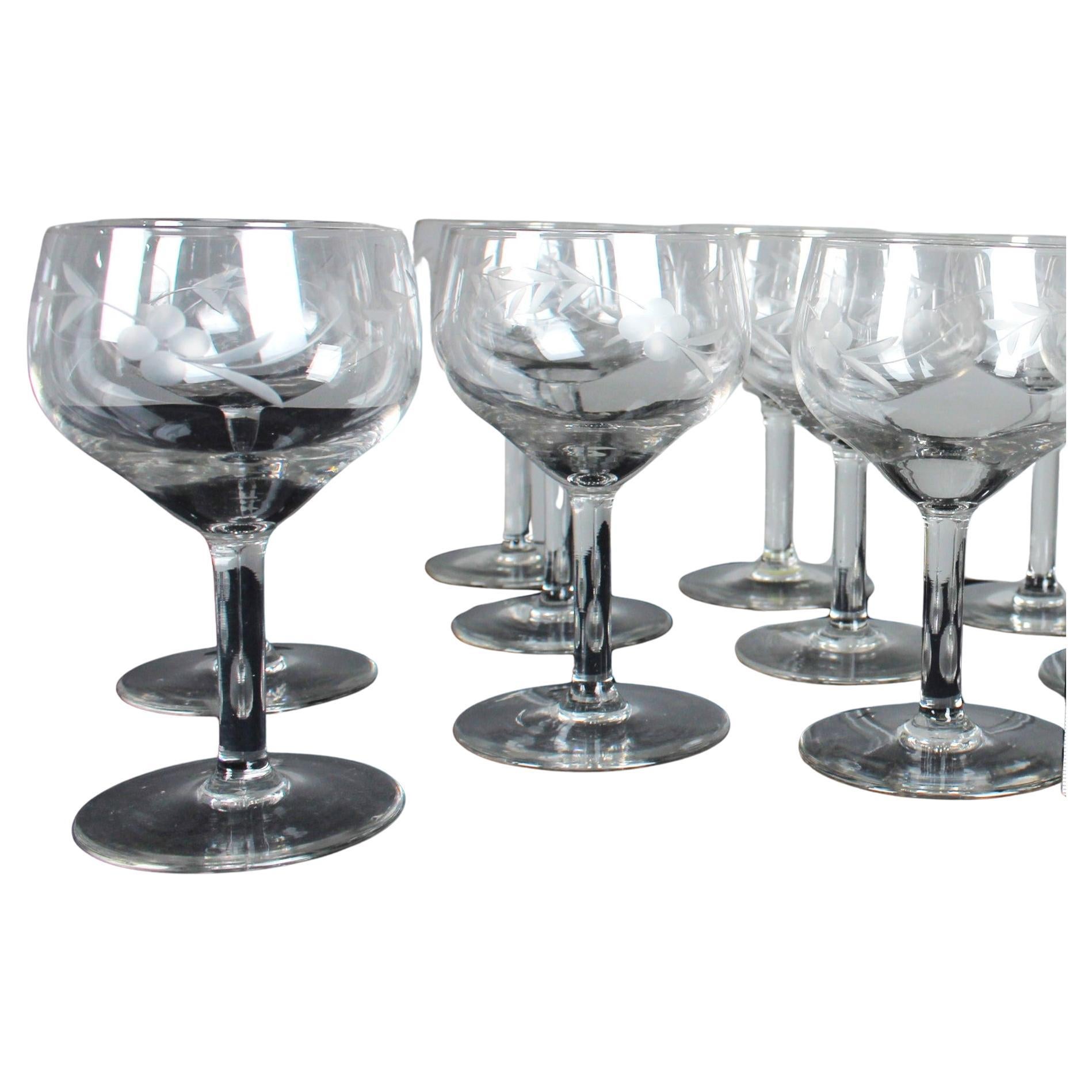 Set Of Eleven Mid Century Wine Glasses, Cut Glass, Berries, France, 1940s, 14 cm For Sale