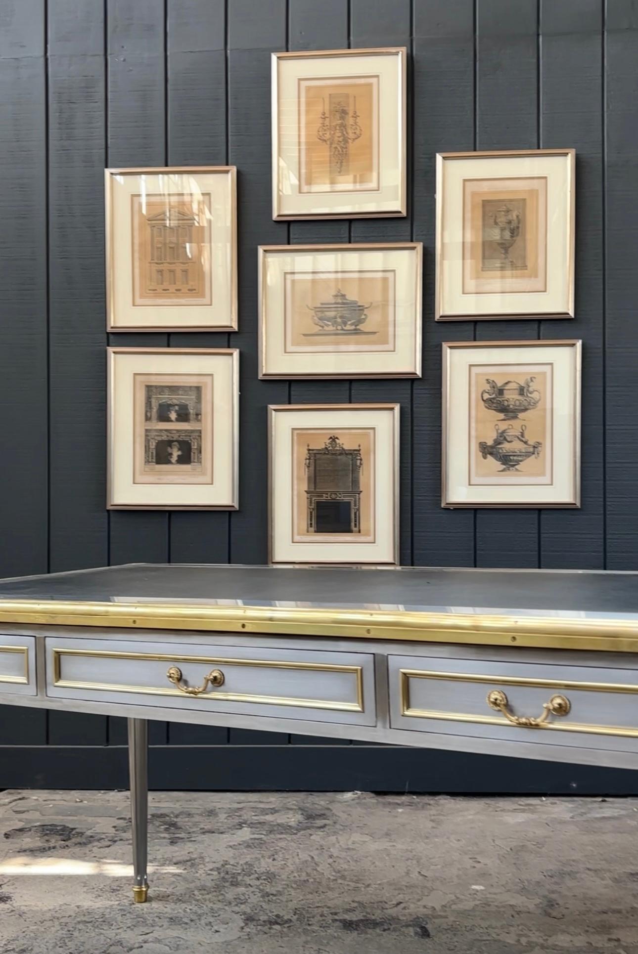 Grand set of eleven framed French architectural engraved prints in the neoclassical taste. Various architectural renderings to include urns, candelabra, interior design, and a structure with columns in the Greco-Roman taste. Various artists from