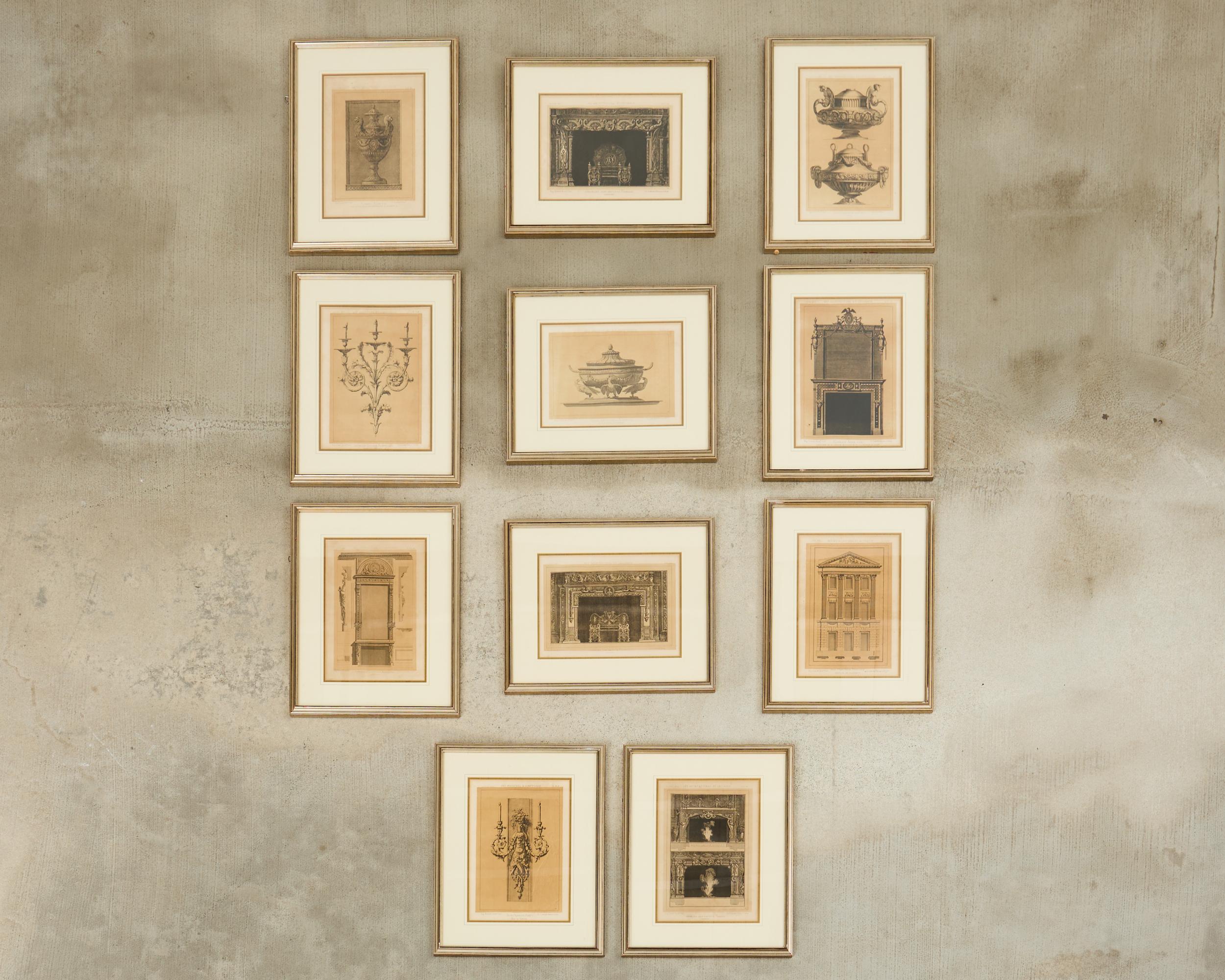 Gilt Set of Eleven Neoclassical Style French Architectural Framed Prints For Sale
