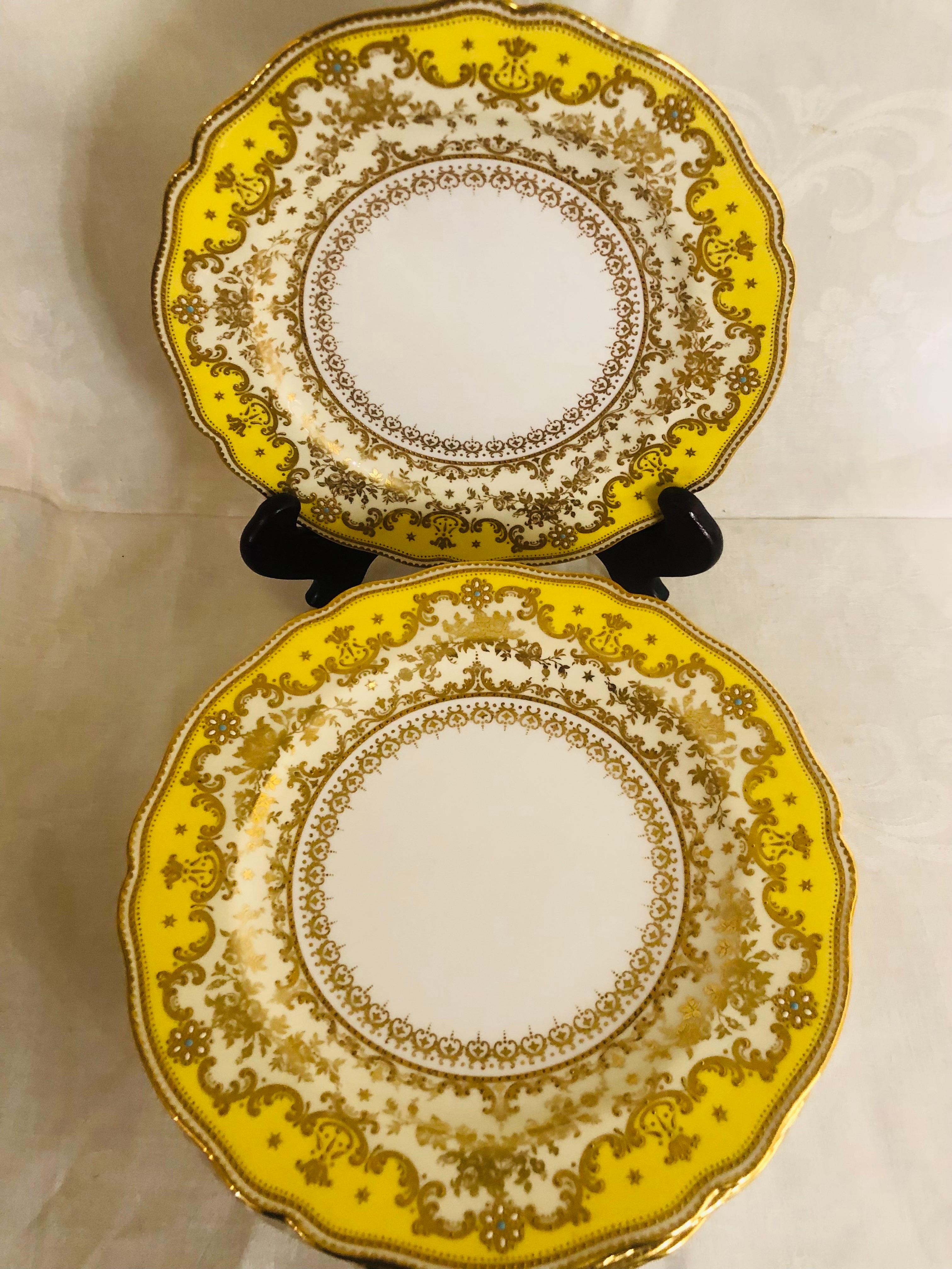 Set of Eleven Yellow Spode Copeland Jeweled Dinner Plates with Raised Gilding 2