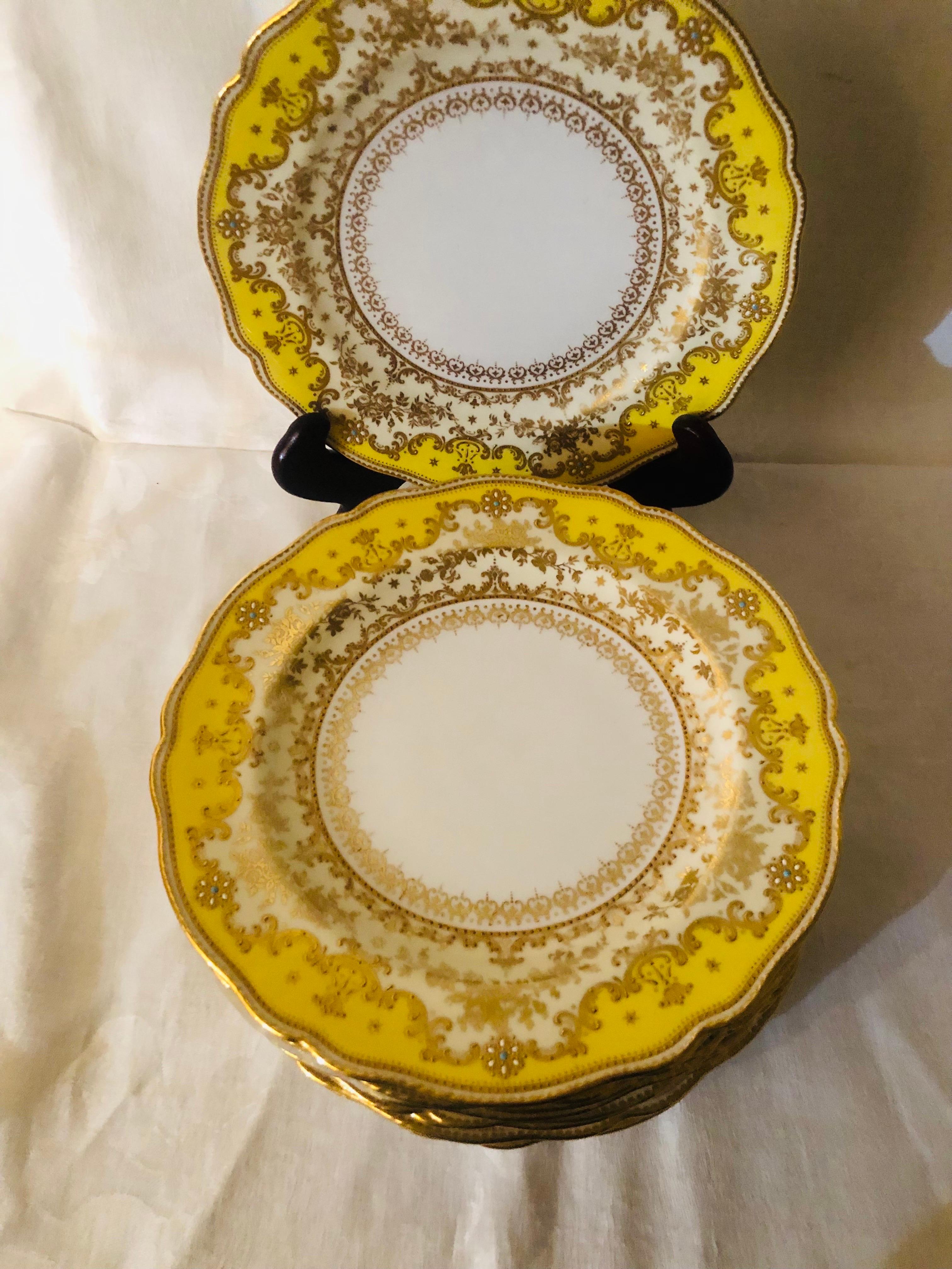 Set of Eleven Yellow Spode Copeland Jeweled Dinner Plates with Raised Gilding 3