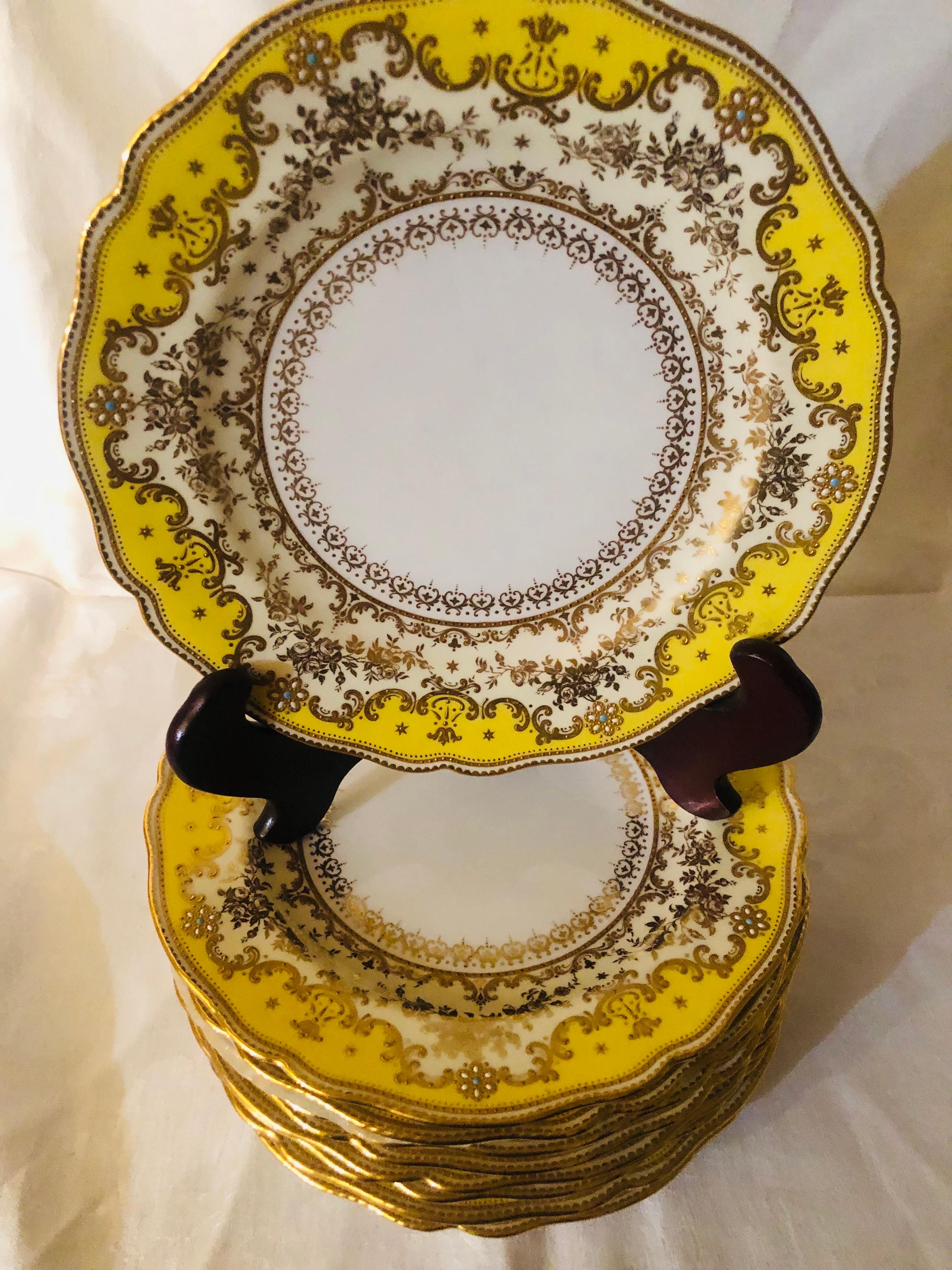 Rococo Set of Eleven Yellow Spode Copeland Jeweled Dinner Plates with Raised Gilding