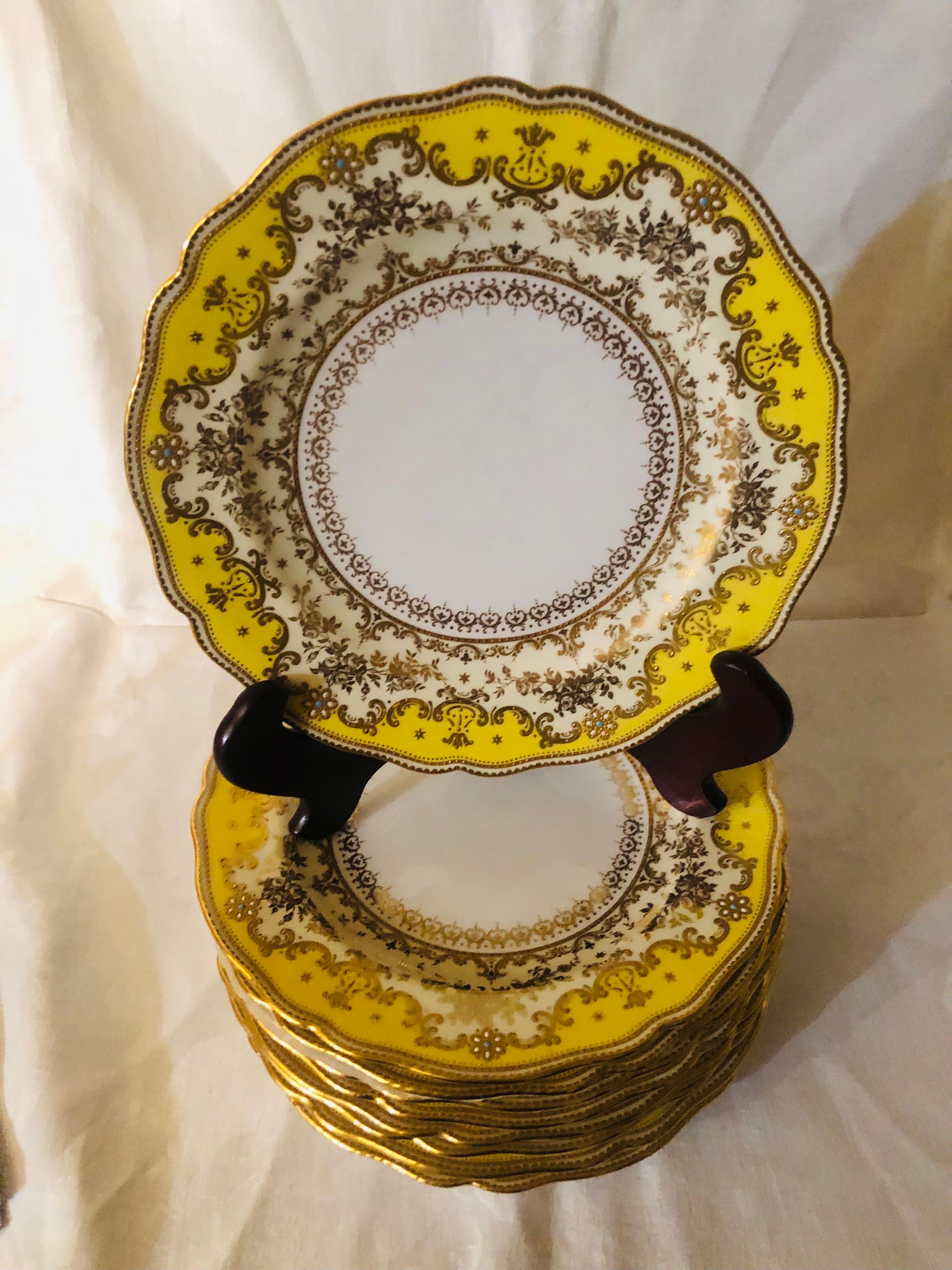 English Set of Eleven Yellow Spode Copeland Jeweled Dinner Plates with Raised Gilding