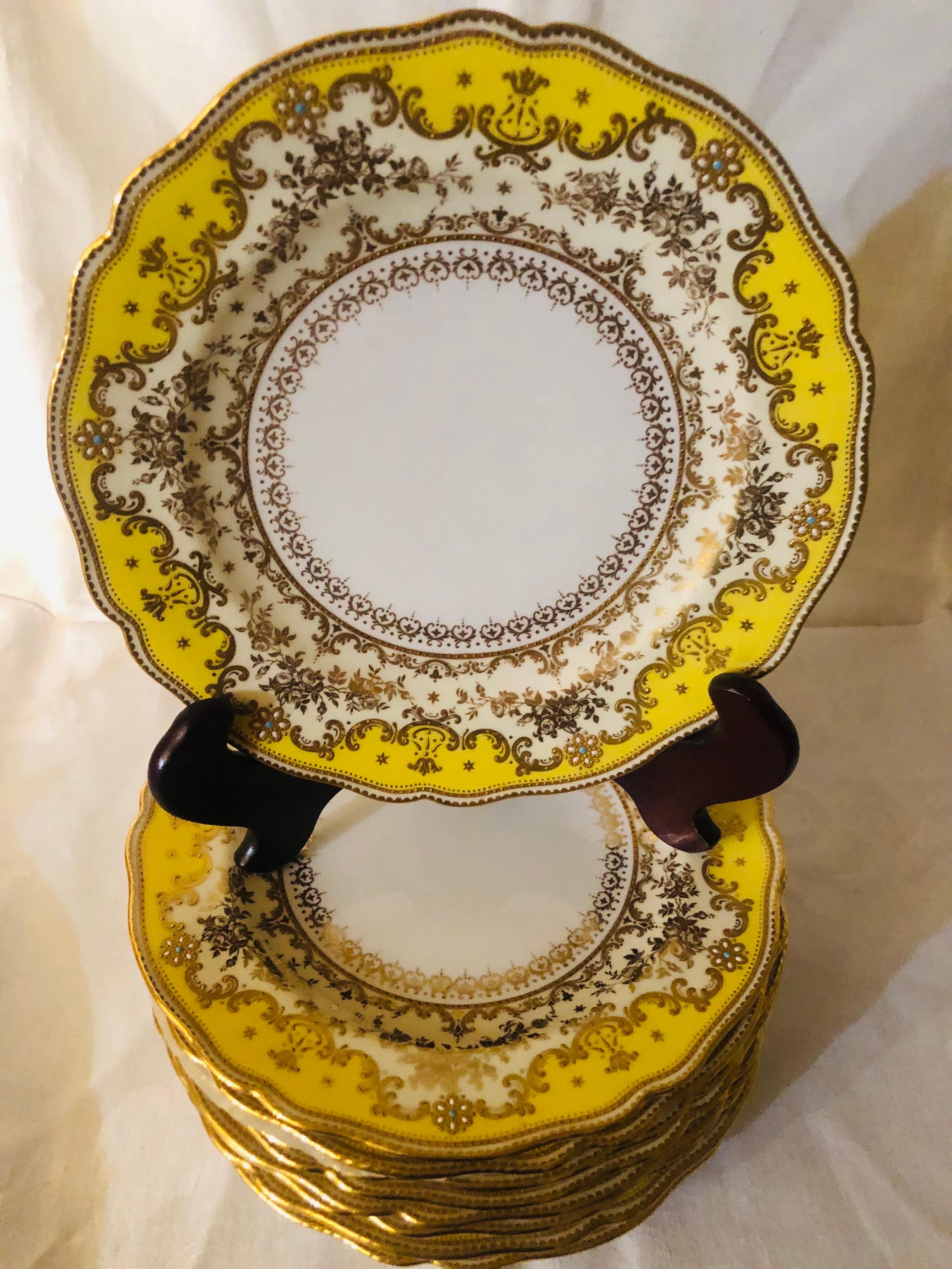 Set of Eleven Yellow Spode Copeland Jeweled Dinner Plates with Raised Gilding In Good Condition In Boston, MA