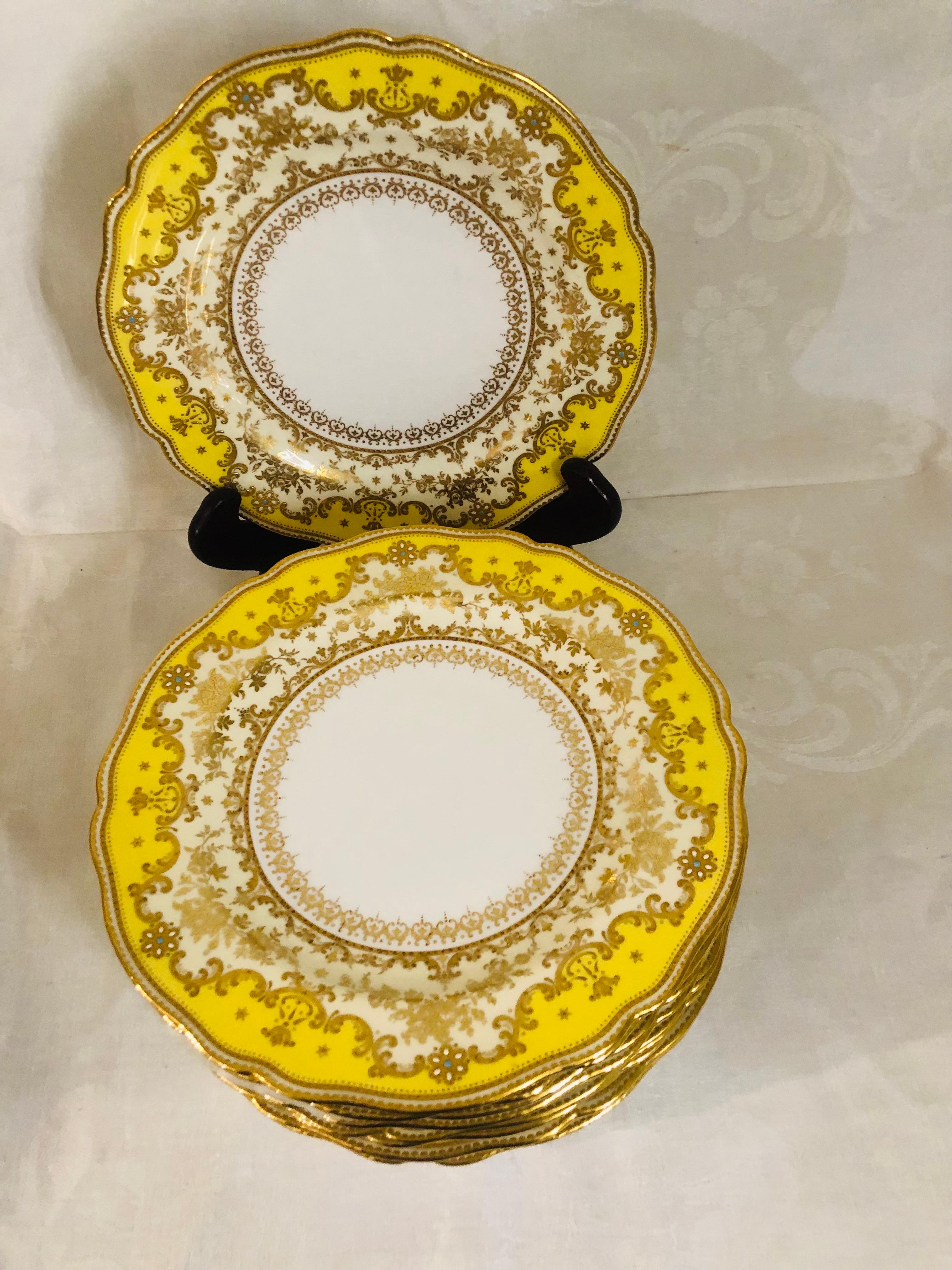 Set of Eleven Yellow Spode Copeland Jeweled Dinner Plates with Raised Gilding 1