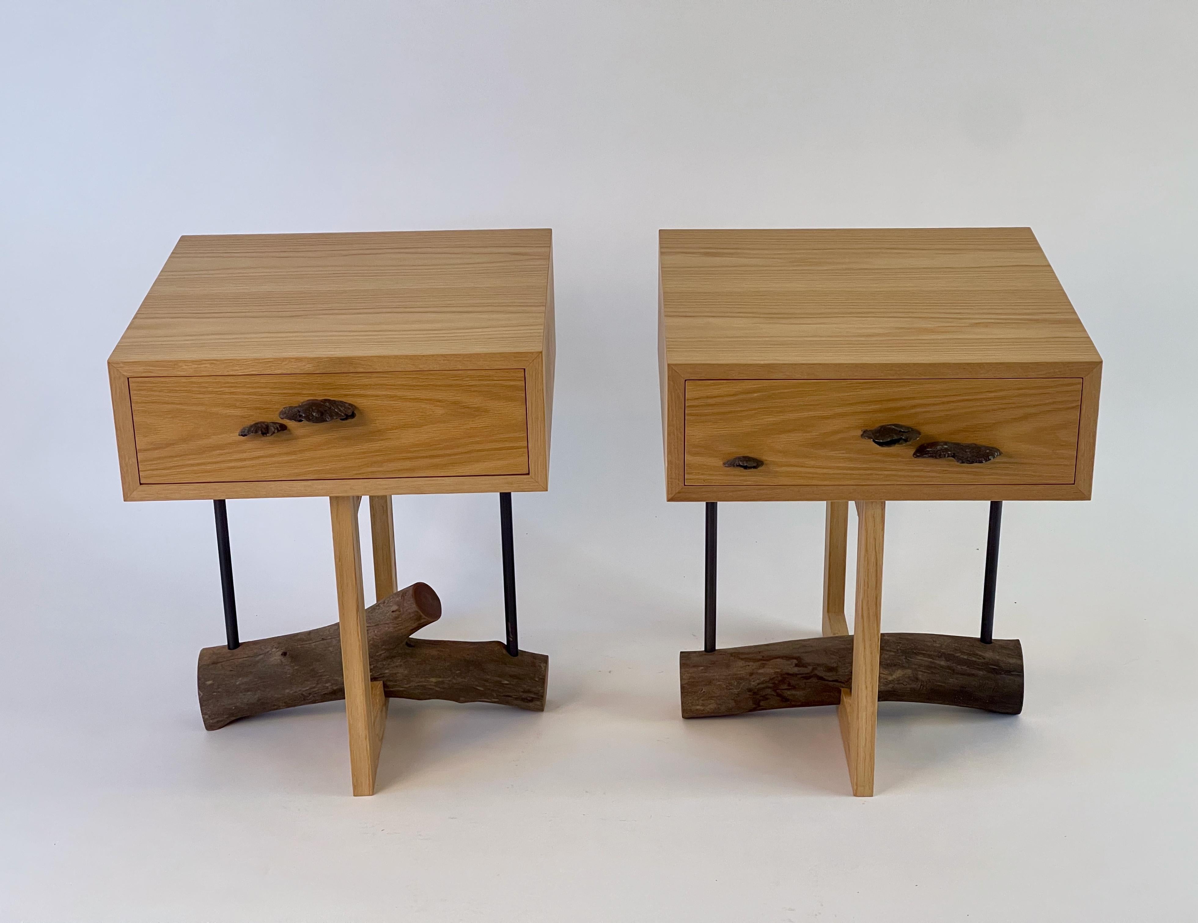 This set of two elm branch bedside tables are part of a group of pieces that Chris Lehrecke and his wife, jeweler Gabriella Kiss, collaborated on in 2013. The boxes are constructed with extra thick European White Oak veneers which have been steel