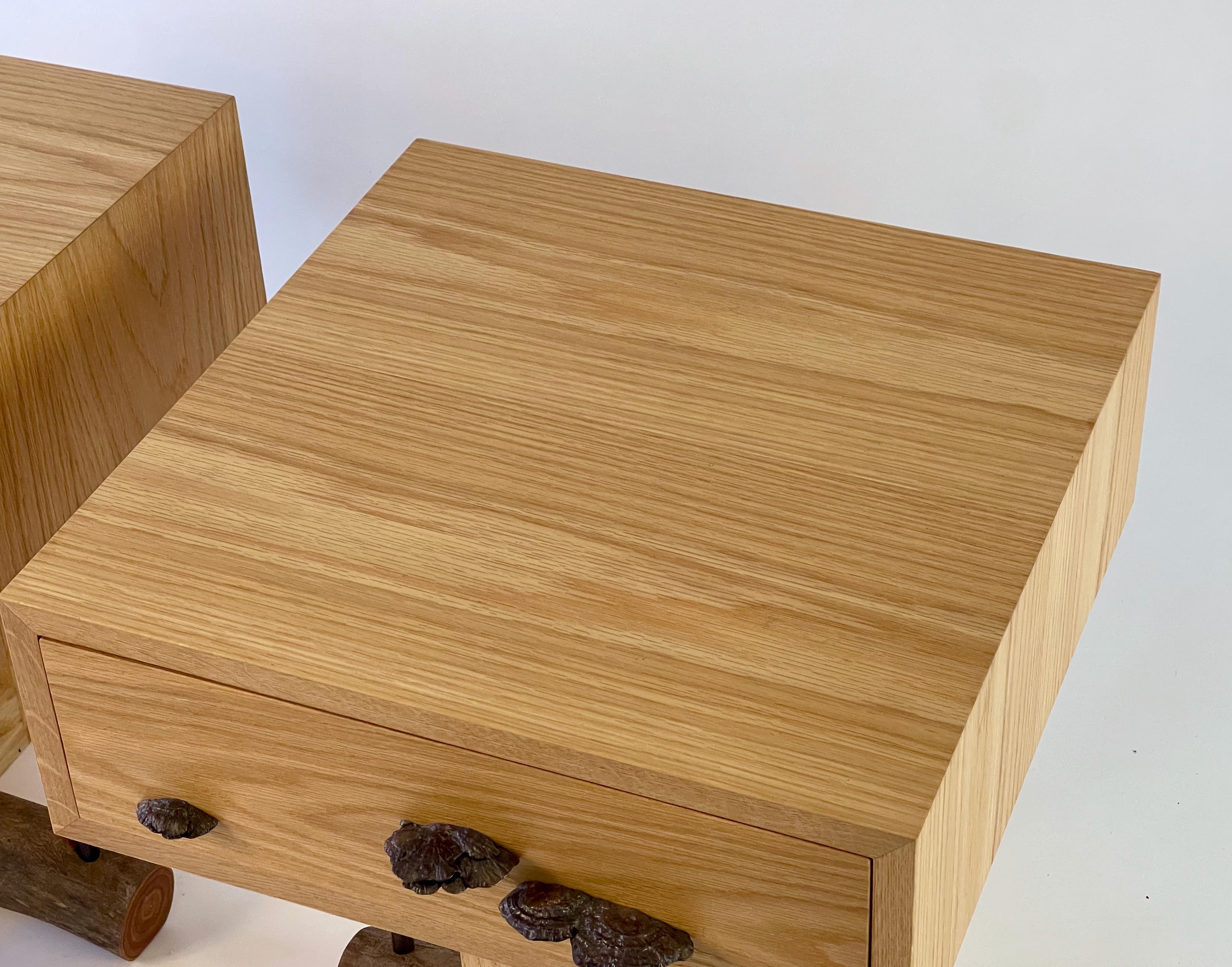 American Set of Elm Branch Bedside Tables by Chris Lehrecke with Bronze Mushroom Handles For Sale
