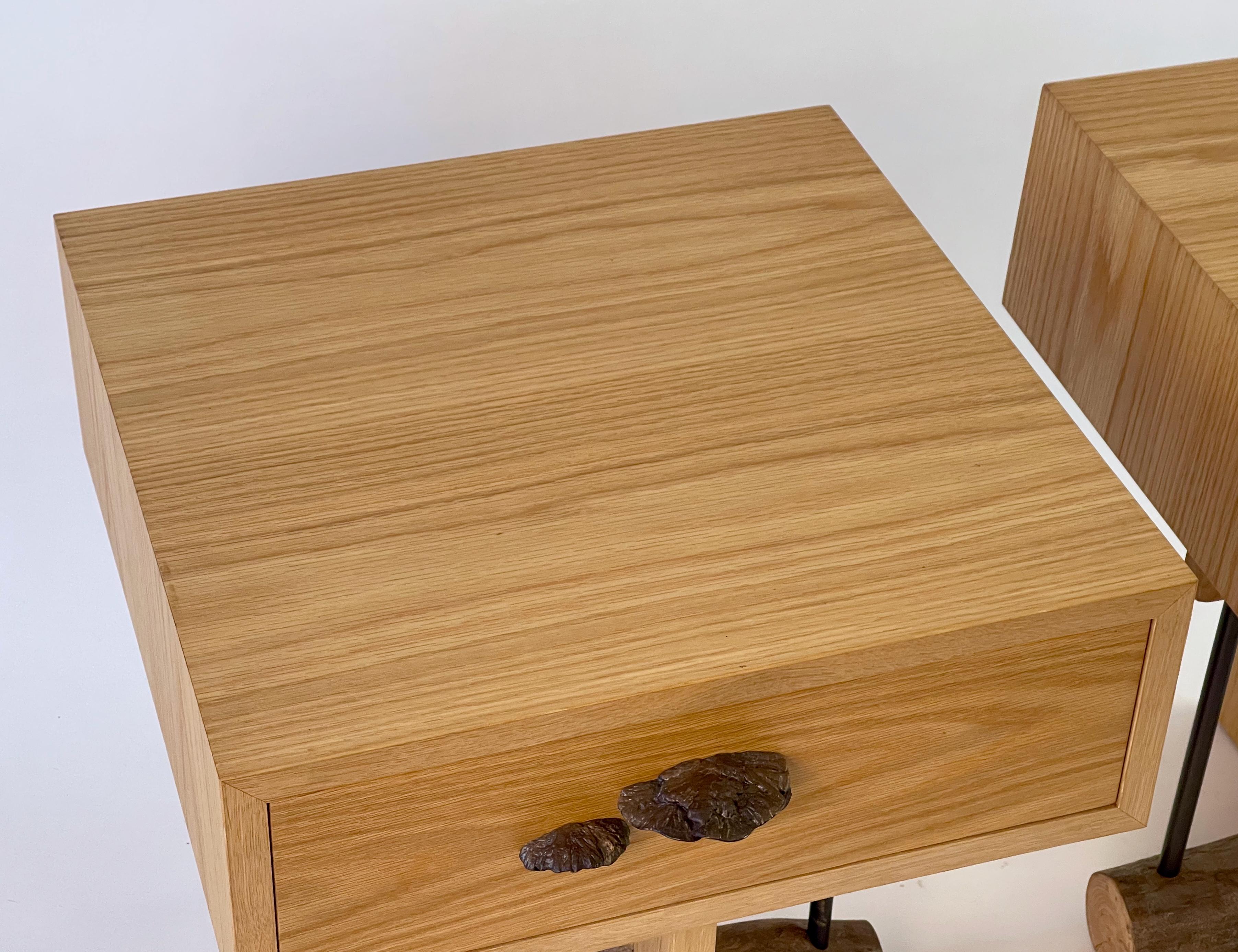 Brushed Set of Elm Branch Bedside Tables by Chris Lehrecke with Bronze Mushroom Handles For Sale
