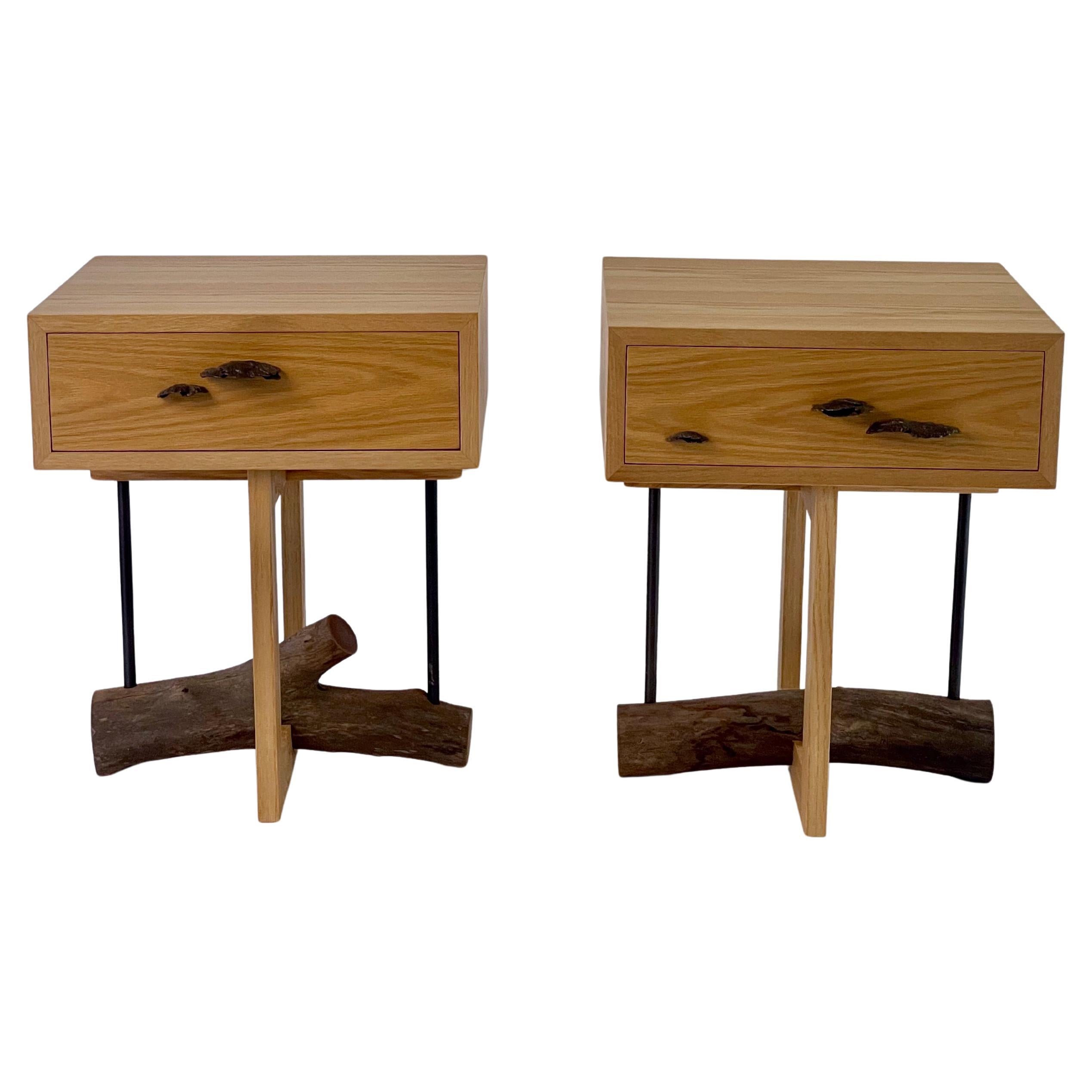 Set of Elm Branch Bedside Tables by Chris Lehrecke with Bronze Mushroom Handles For Sale