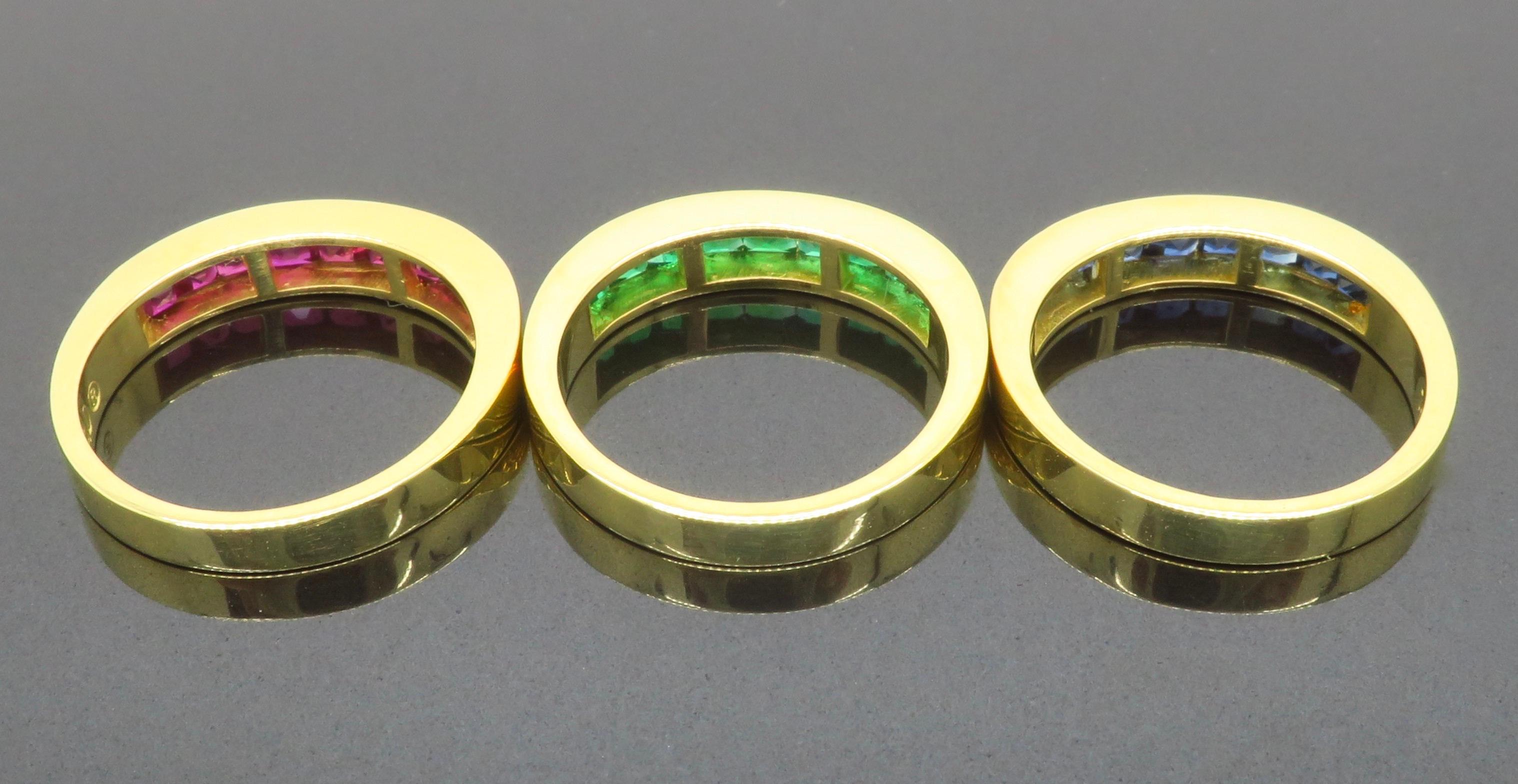 Set of Emerald, Ruby, Sapphire Bands Made in 18k Yellow Gold For Sale 9