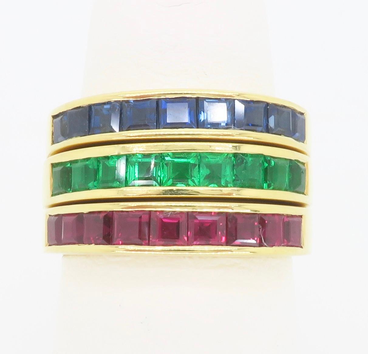 Emerald Cut Set of Emerald, Ruby, Sapphire Bands Made in 18k Yellow Gold For Sale