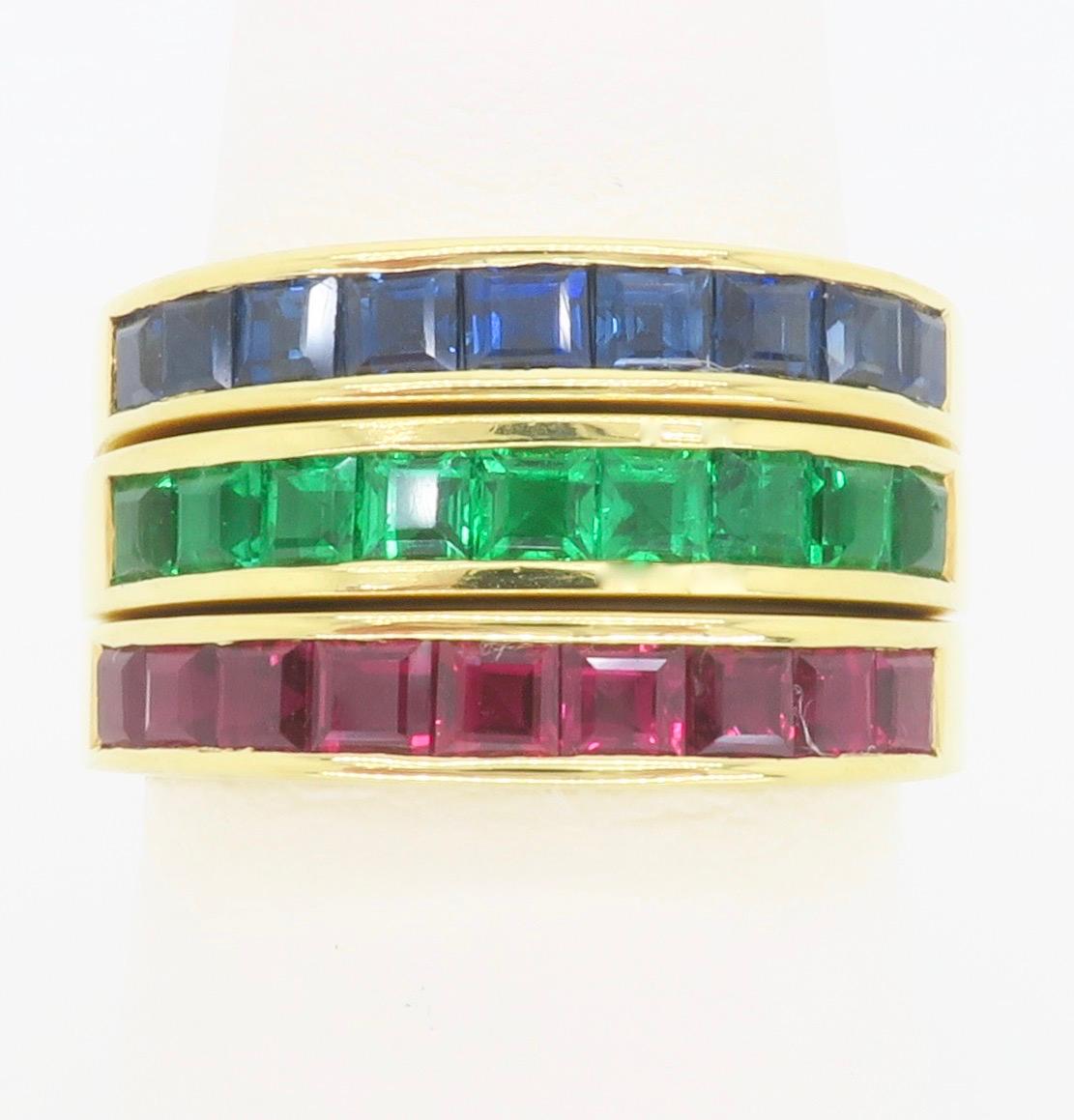 Set of Emerald, Ruby, Sapphire Bands Made in 18k Yellow Gold In Excellent Condition For Sale In Webster, NY
