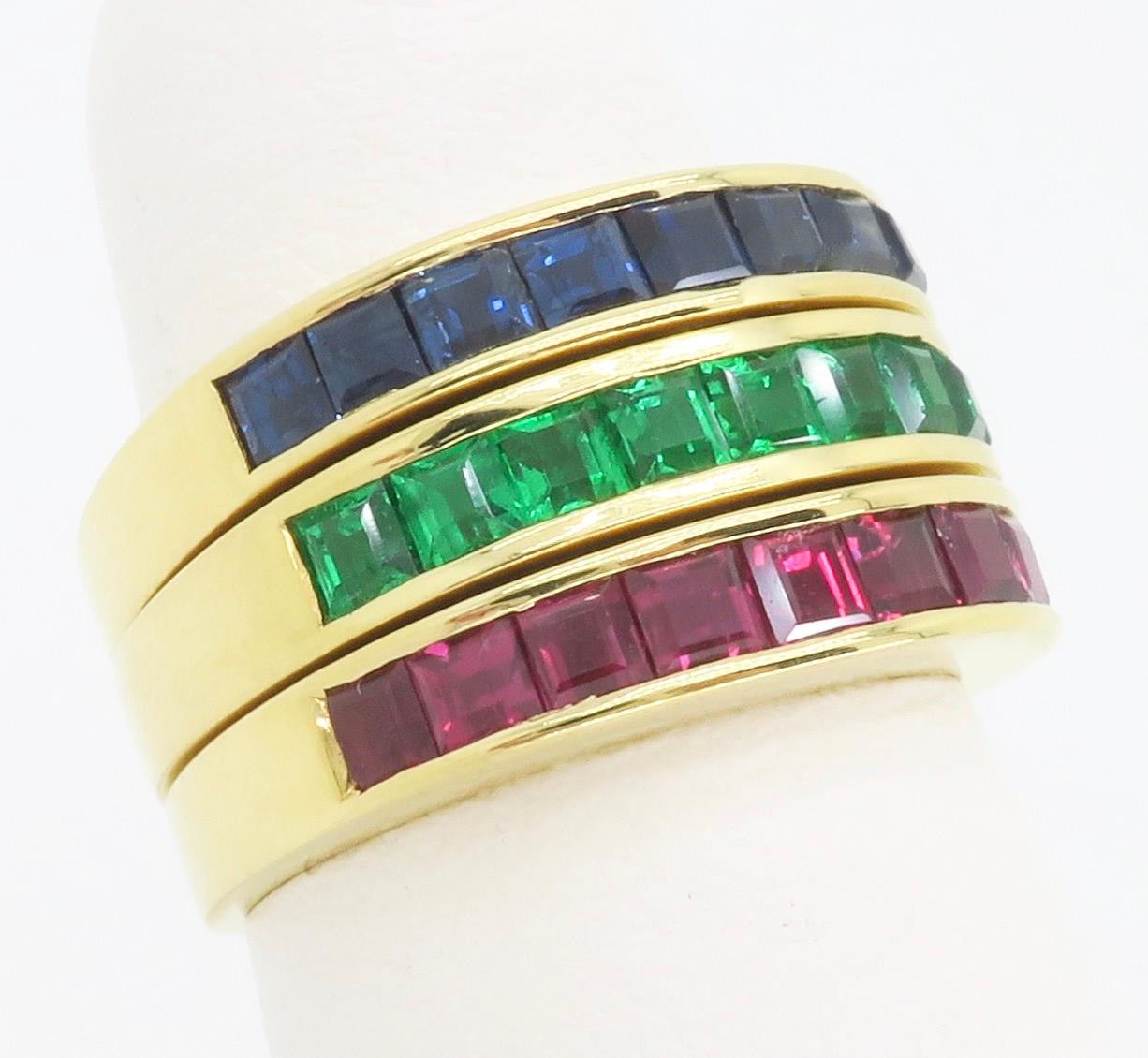 Women's or Men's Set of Emerald, Ruby, Sapphire Bands Made in 18k Yellow Gold For Sale