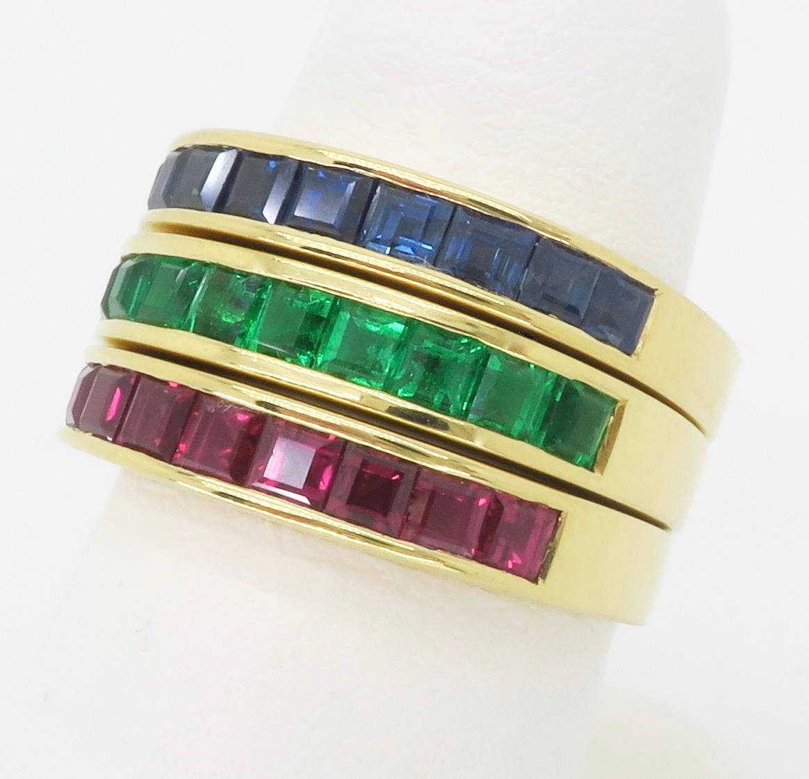Set of Emerald, Ruby, Sapphire Bands Made in 18k Yellow Gold For Sale 1