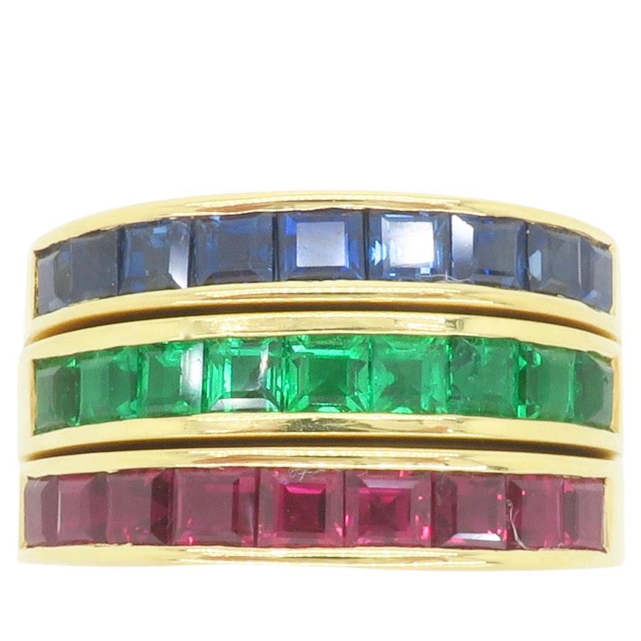 Conjunto de Anillos de Esmeralda, Rubí y Zafiro de Oro Amarillo de 18k