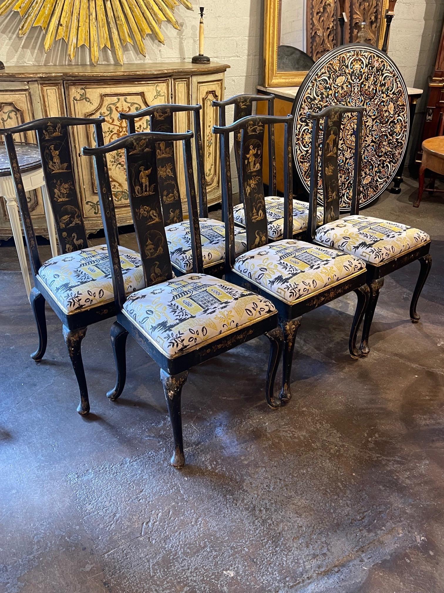 Decorative set of English 19th century Chinoiserie side chairs. Beautiful hand painted images on the chairs as well as an upholstered seats. Very fine artistry on these. So pretty!!