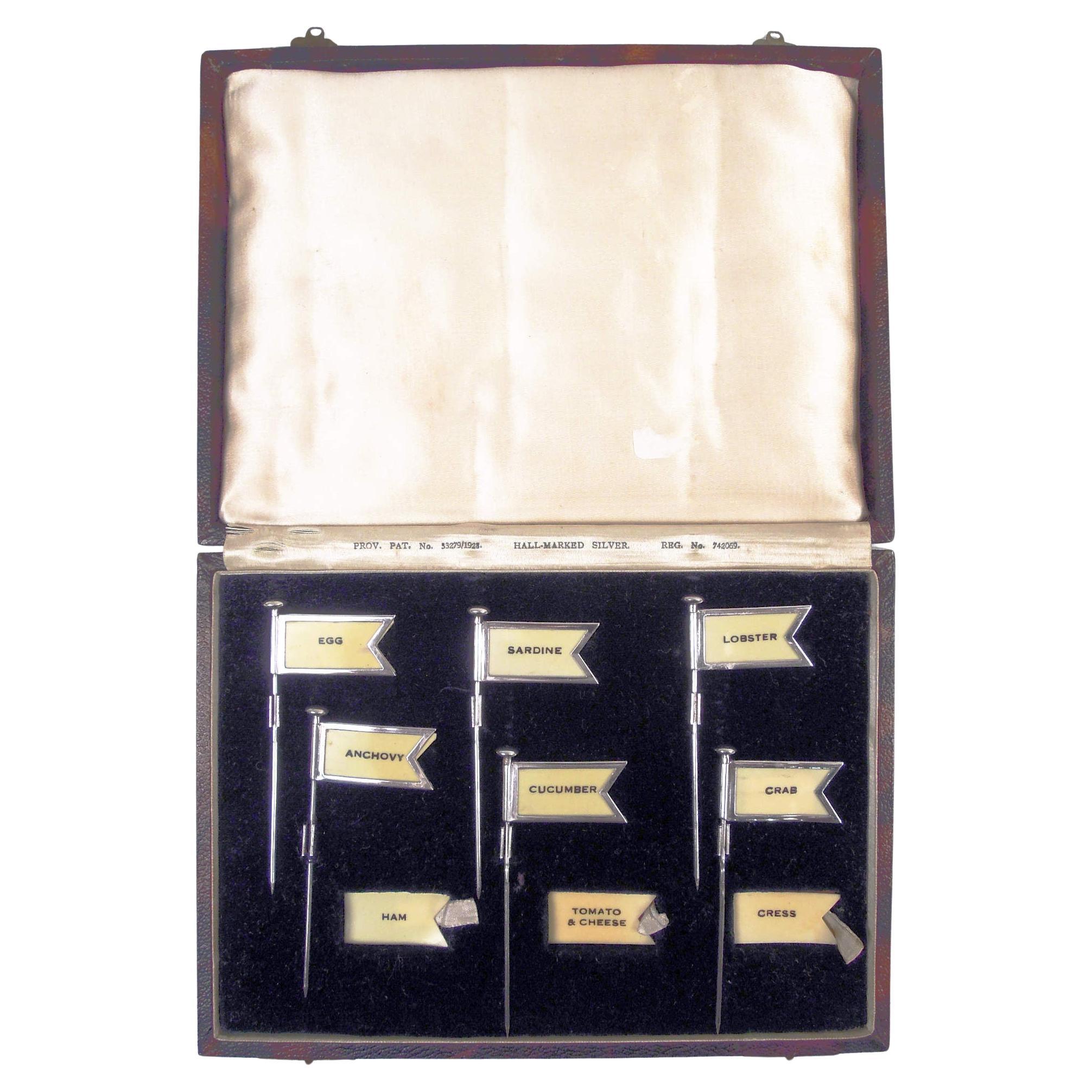 Set of English Between-the-Wars Sterling Silver Sandwich Flags, 1928 For Sale