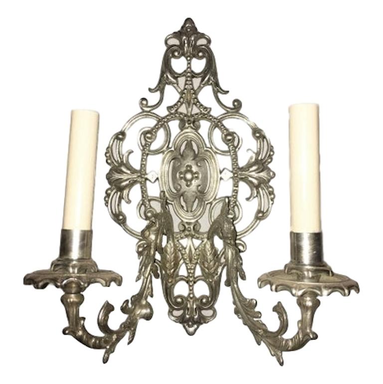 Silvered Set of English Foliage Motif Sconces, Sold per Pair For Sale