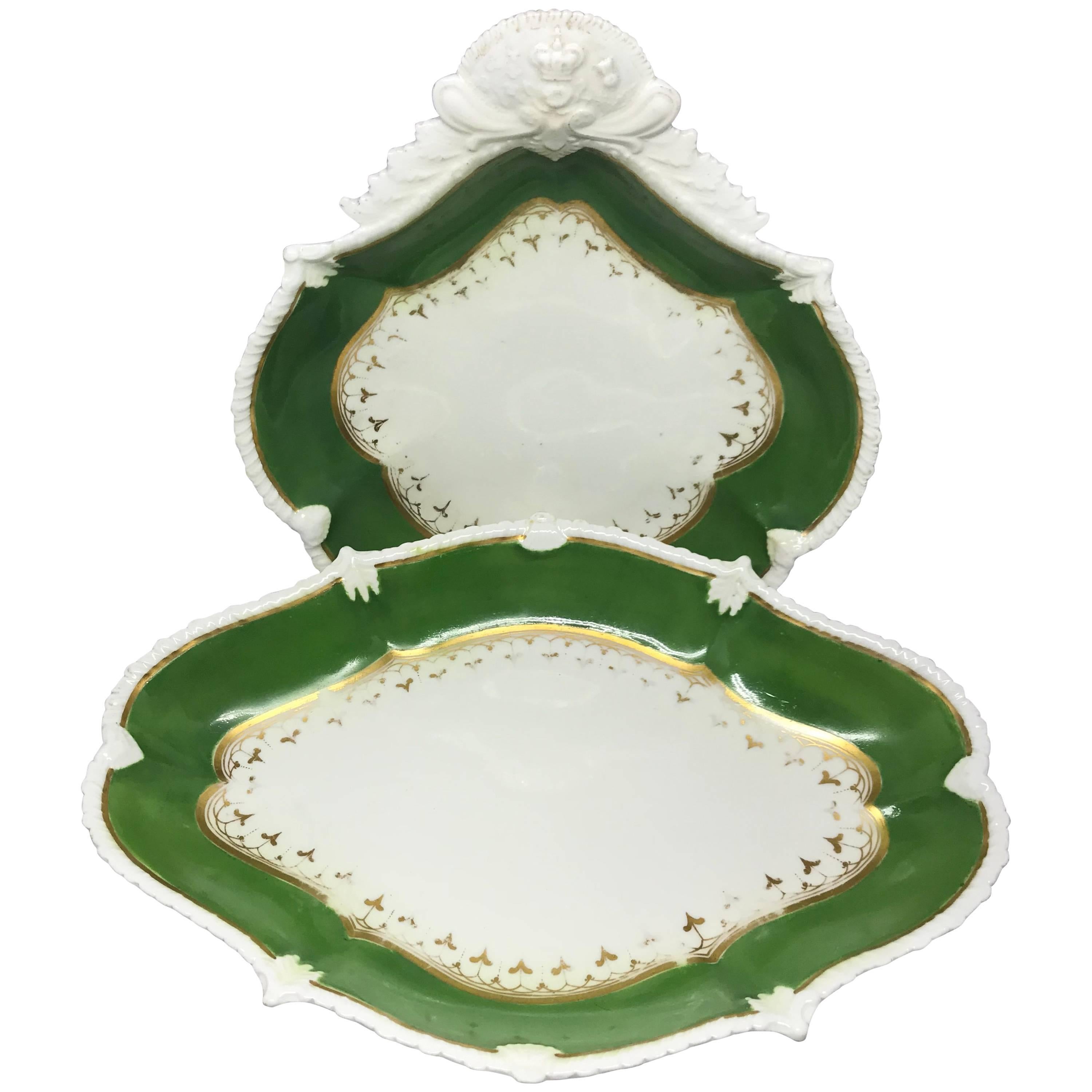 Set of English Green and Gilt Banded Serving Dishes