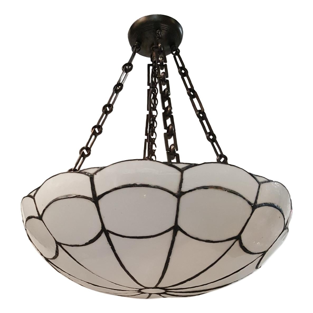 Set of four English circa 1920s leaded glass pendant light fixtures. Sold individually.

Measurements:
Diameter: 21