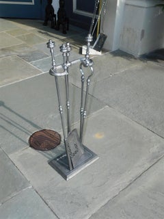 Set of English Polished Steel Urn Finial Fire Place Tools on Stand, C. 1840