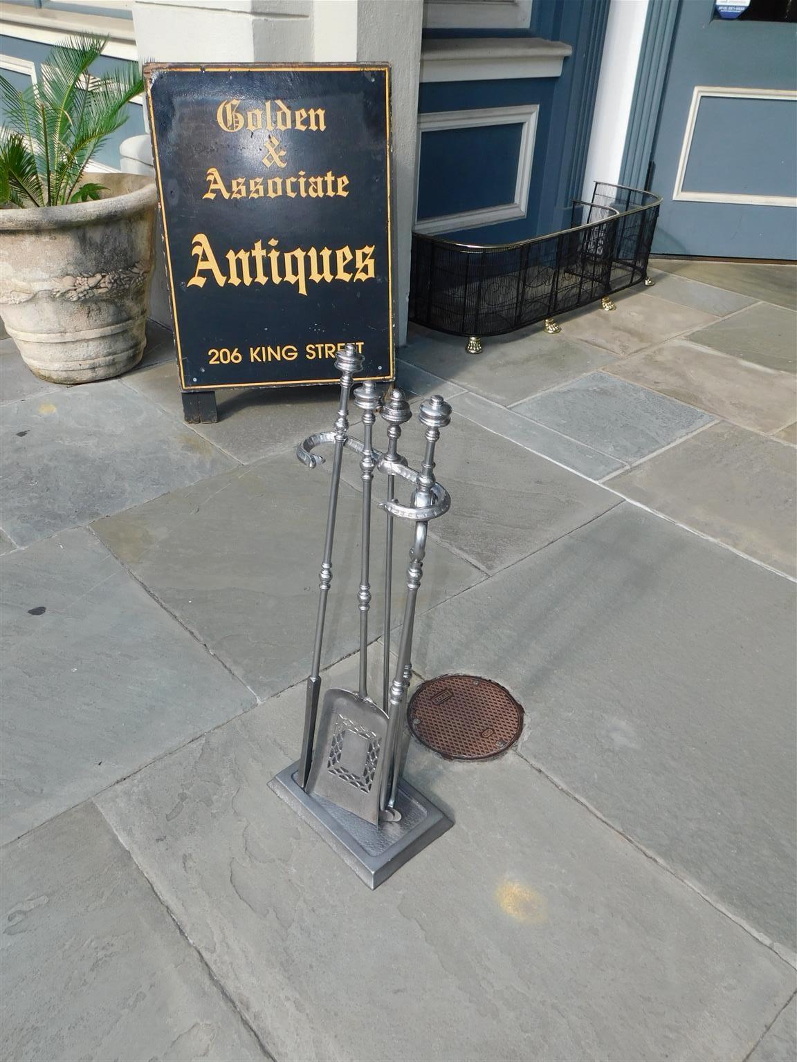 William IV Set of English Polished Steel Urn Finial Fire Place Tools on Stand, C. 1840 For Sale