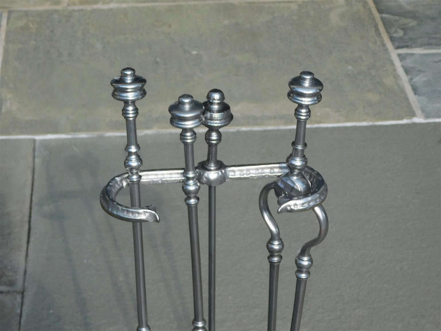Set of English Polished Steel Urn Finial Fire Place Tools on Stand, C. 1840 In Excellent Condition For Sale In Hollywood, SC