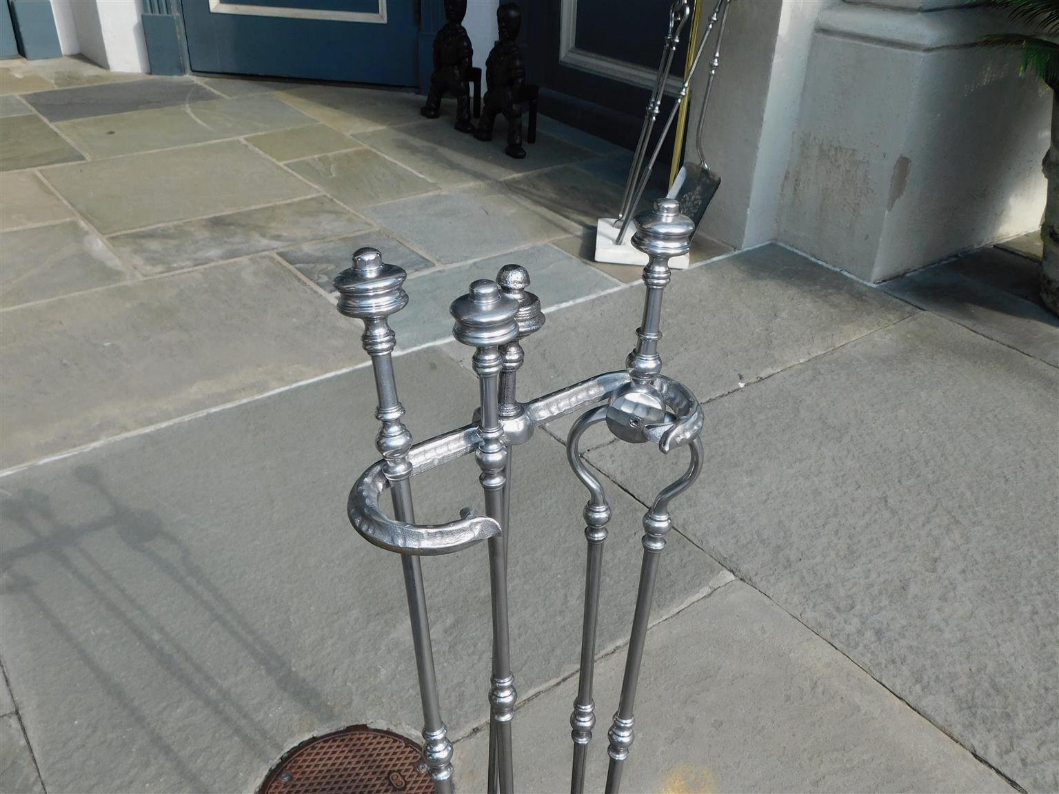 Mid-19th Century Set of English Polished Steel Urn Finial Fire Place Tools on Stand, C. 1840 For Sale