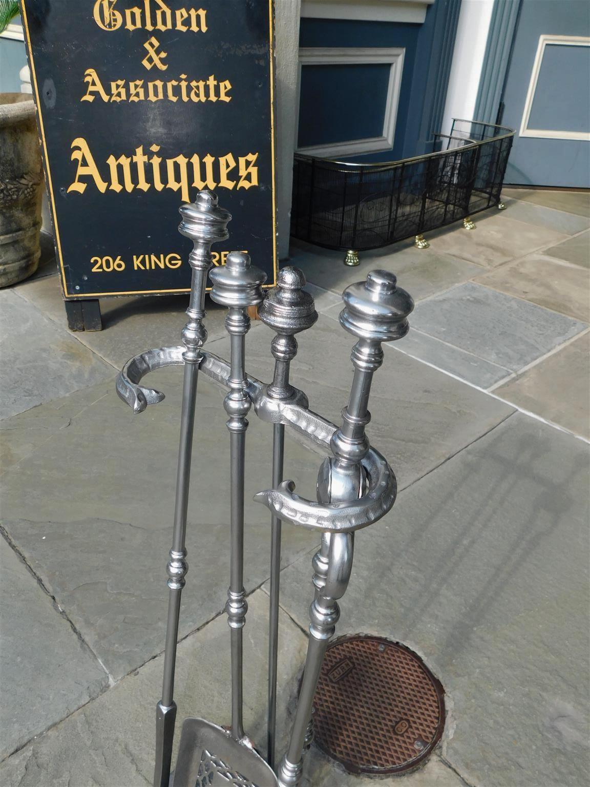 Set of English Polished Steel Urn Finial Fire Place Tools on Stand, C. 1840 For Sale 1