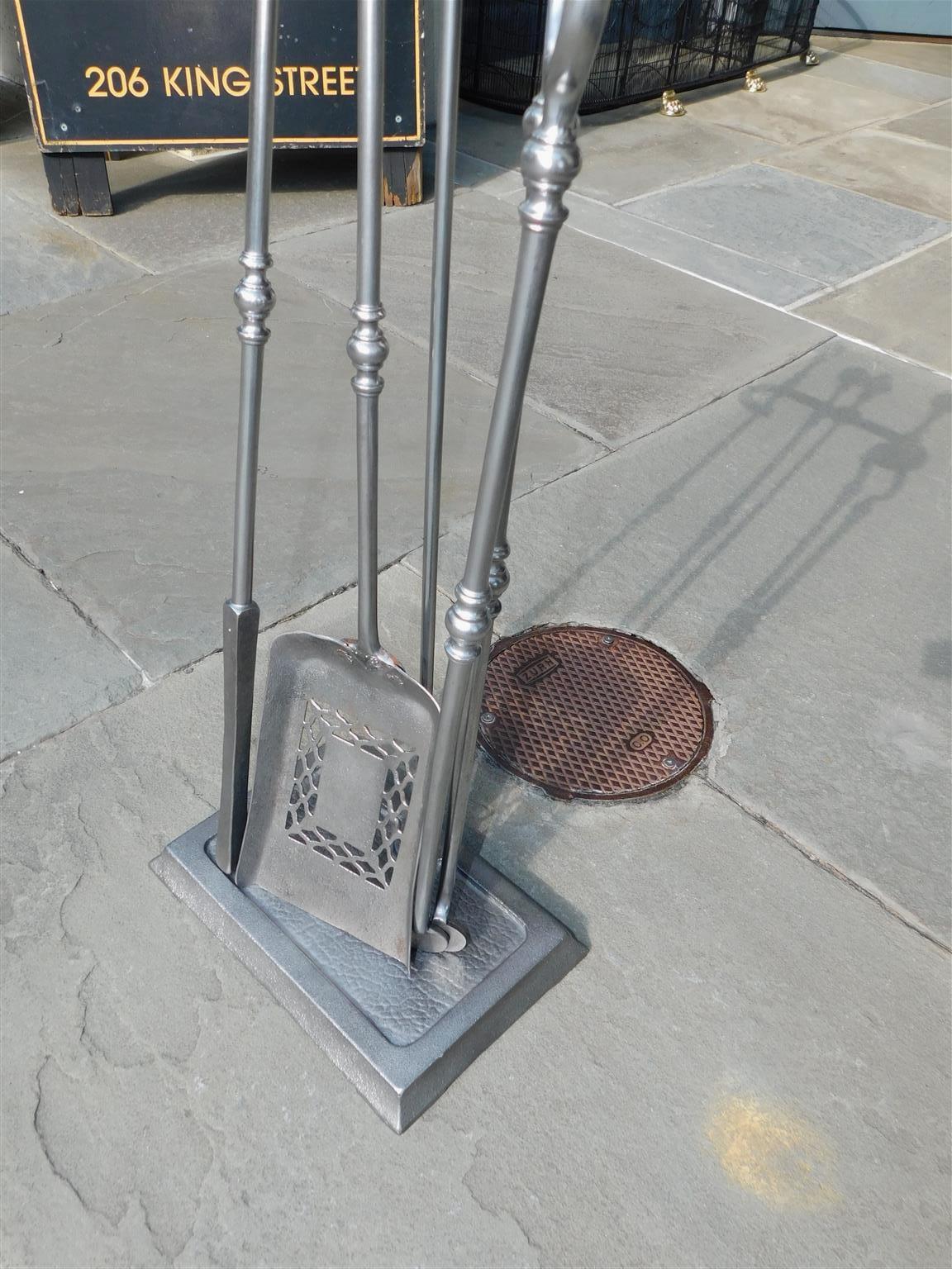Set of English Polished Steel Urn Finial Fire Place Tools on Stand, C. 1840 For Sale 4