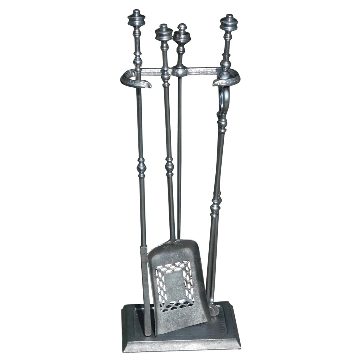 Set of English Polished Steel Urn Finial Fire Place Tools on Stand, C. 1840 For Sale