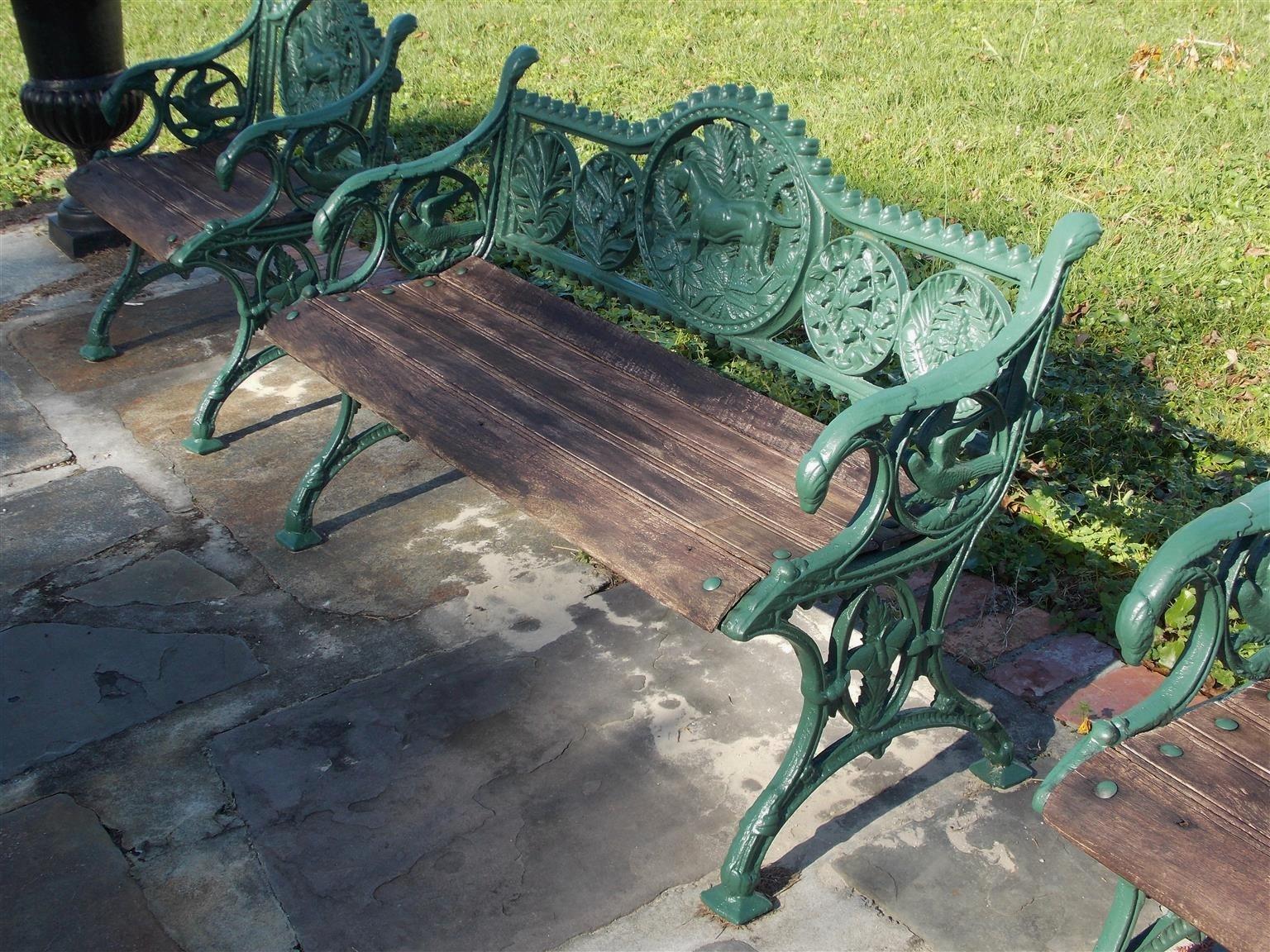 Asian Set of Three Cast Iron and Powered Coated Garden Benches, 20th Century 1
