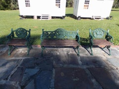 Asian Set of Three Cast Iron and Powered Coated Garden Benches, 20th Century