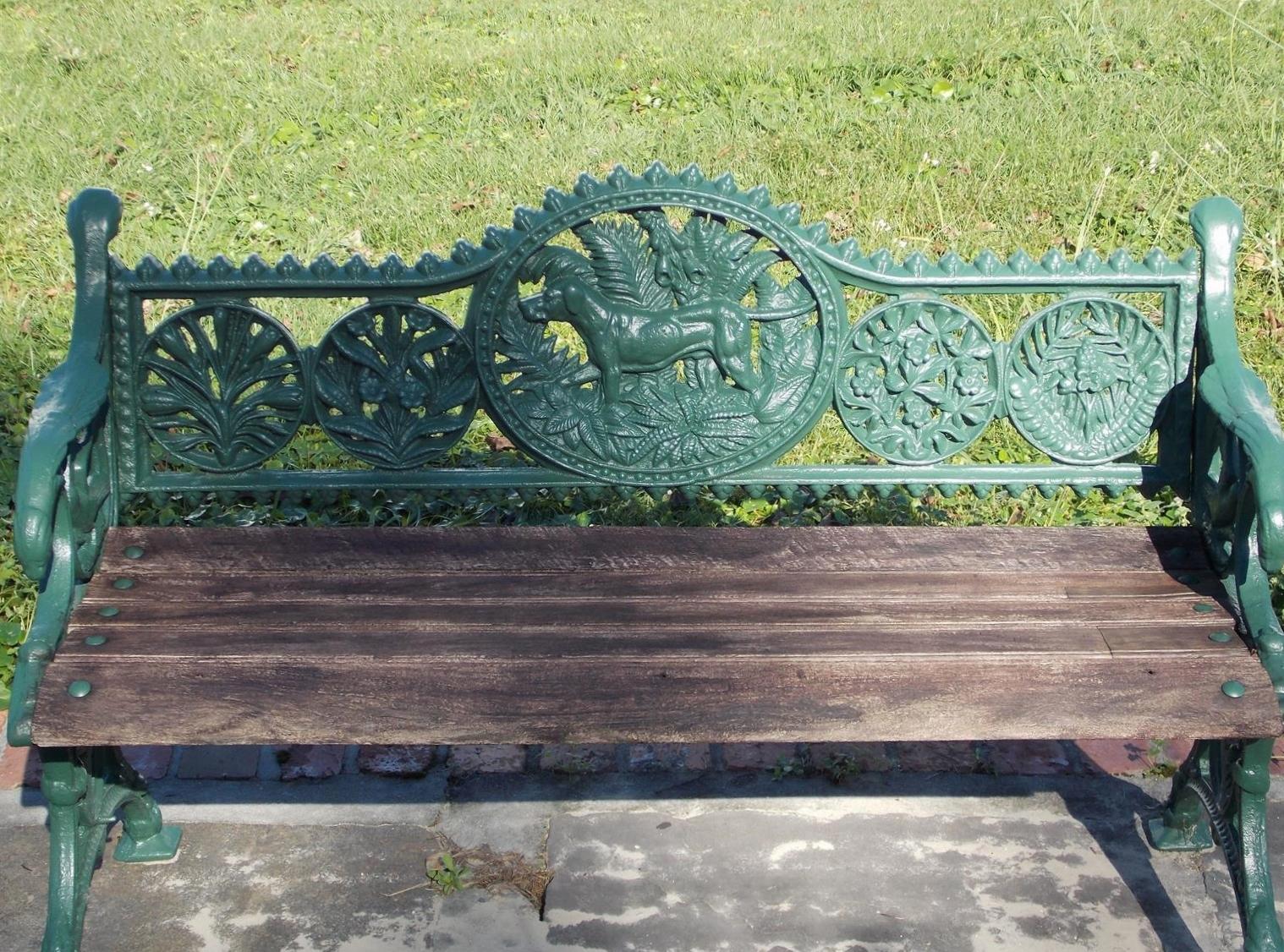 Hand-Carved Asian Set of Three Cast Iron and Powered Coated Garden Benches, 20th Century