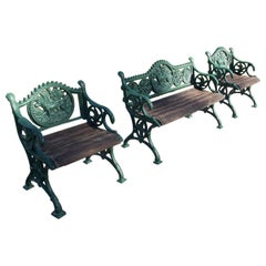 Asian Set of Three Cast Iron and Powered Coated Garden Benches, 20th Century